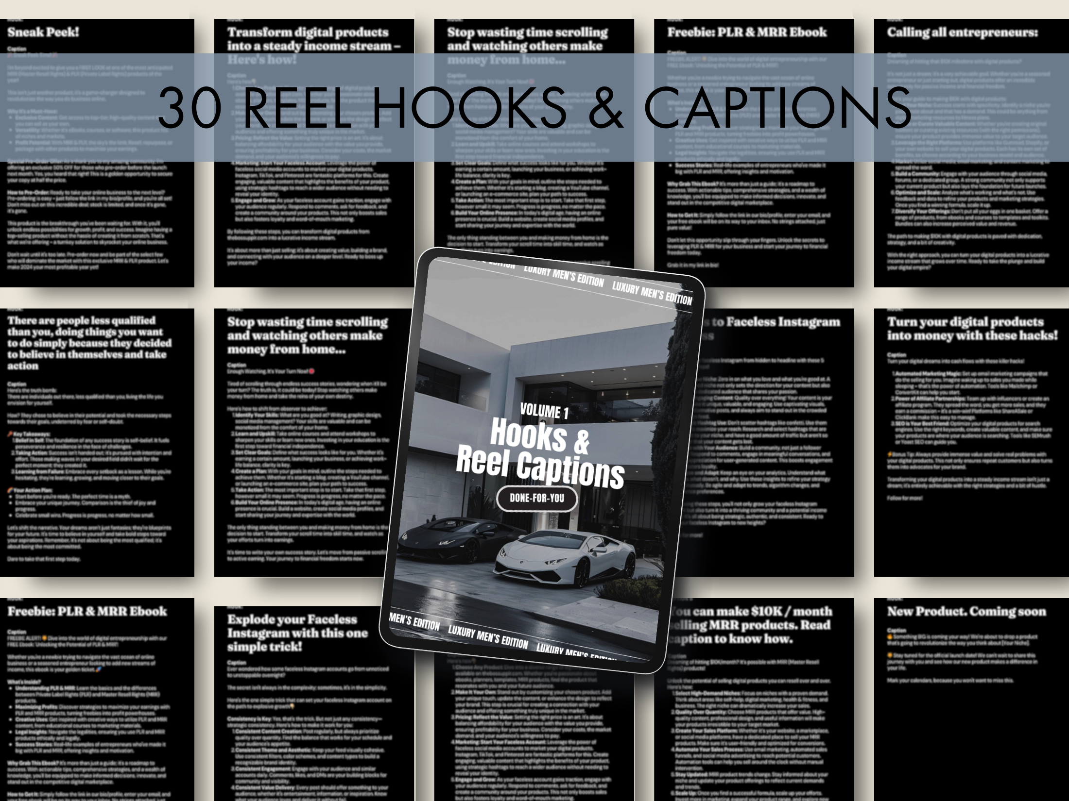 Preview of 30 hooks and reel captions for The Gentleman's Instagram, designed to increase engagement and drive sales through captivating content.