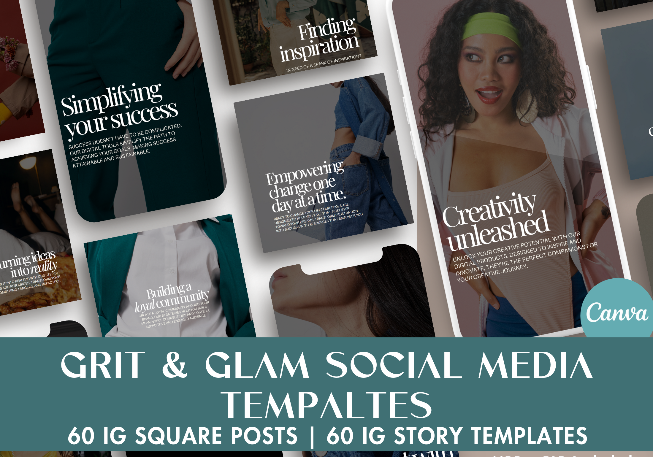 Grit & Glam Social Media Templates - 60 Instagram Square Posts and 60 Story Templates for Stylish, Engaging Content Creatio