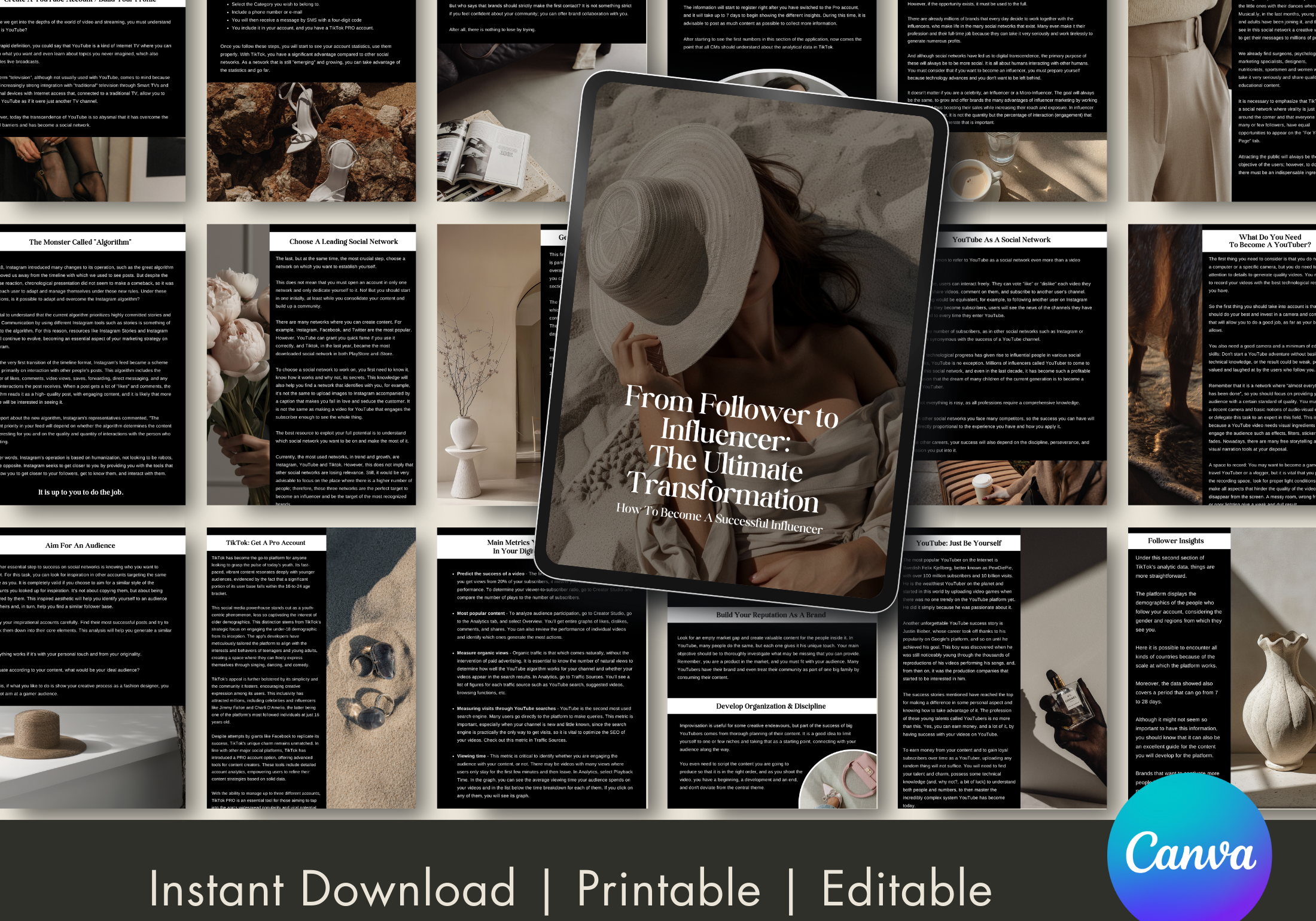 Interior pages of "Grow Your Instagram Following Organically," showcasing detailed strategies on content creation, audience engagement, and hashtag optimization.