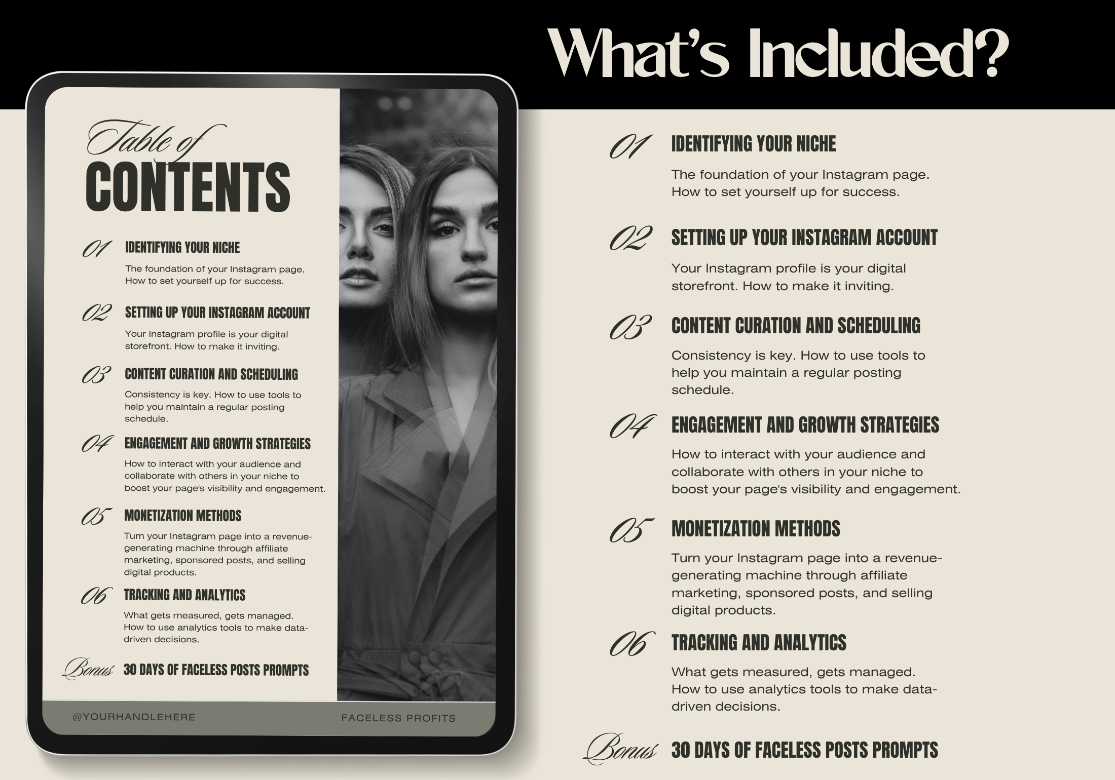 Table of contents for the "Guide to Faceless Instagram Profits," outlining topics like content curation, analytics, growth strategies, and monetization methods