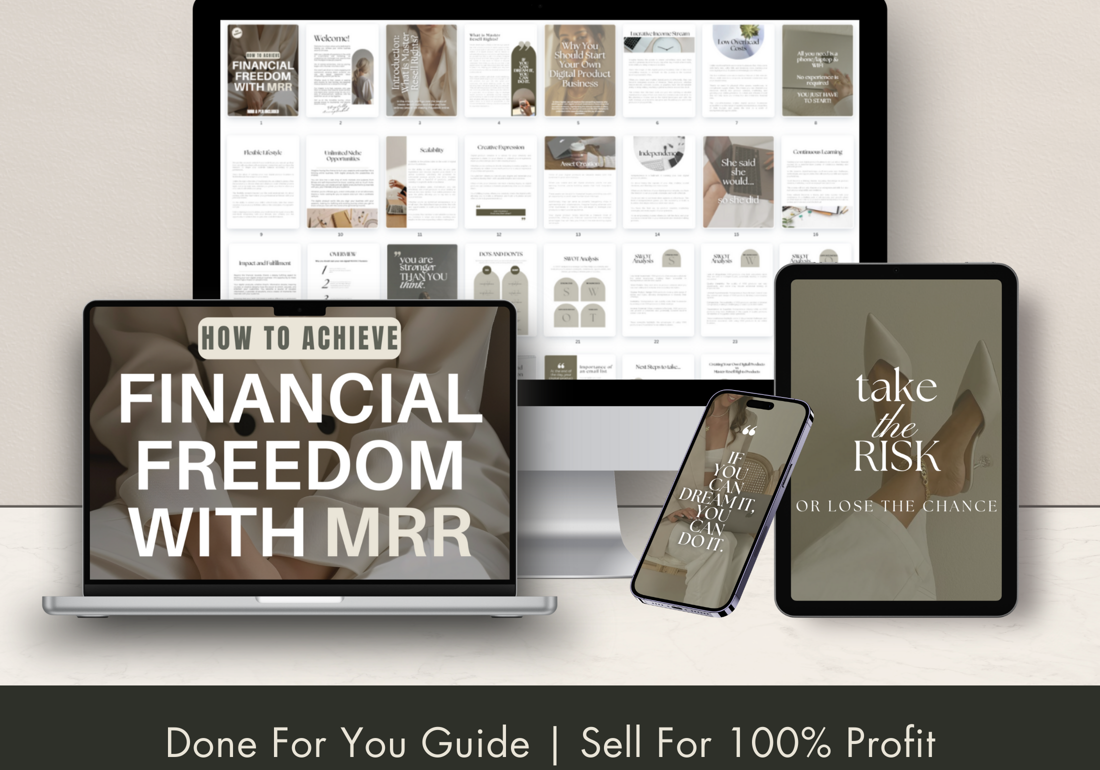 Digital product guide preview for the "How to Achieve Financial Freedom with MRR" eBook, featuring editable and printable content designed to help entrepreneurs achieve financial independence through digital sales.