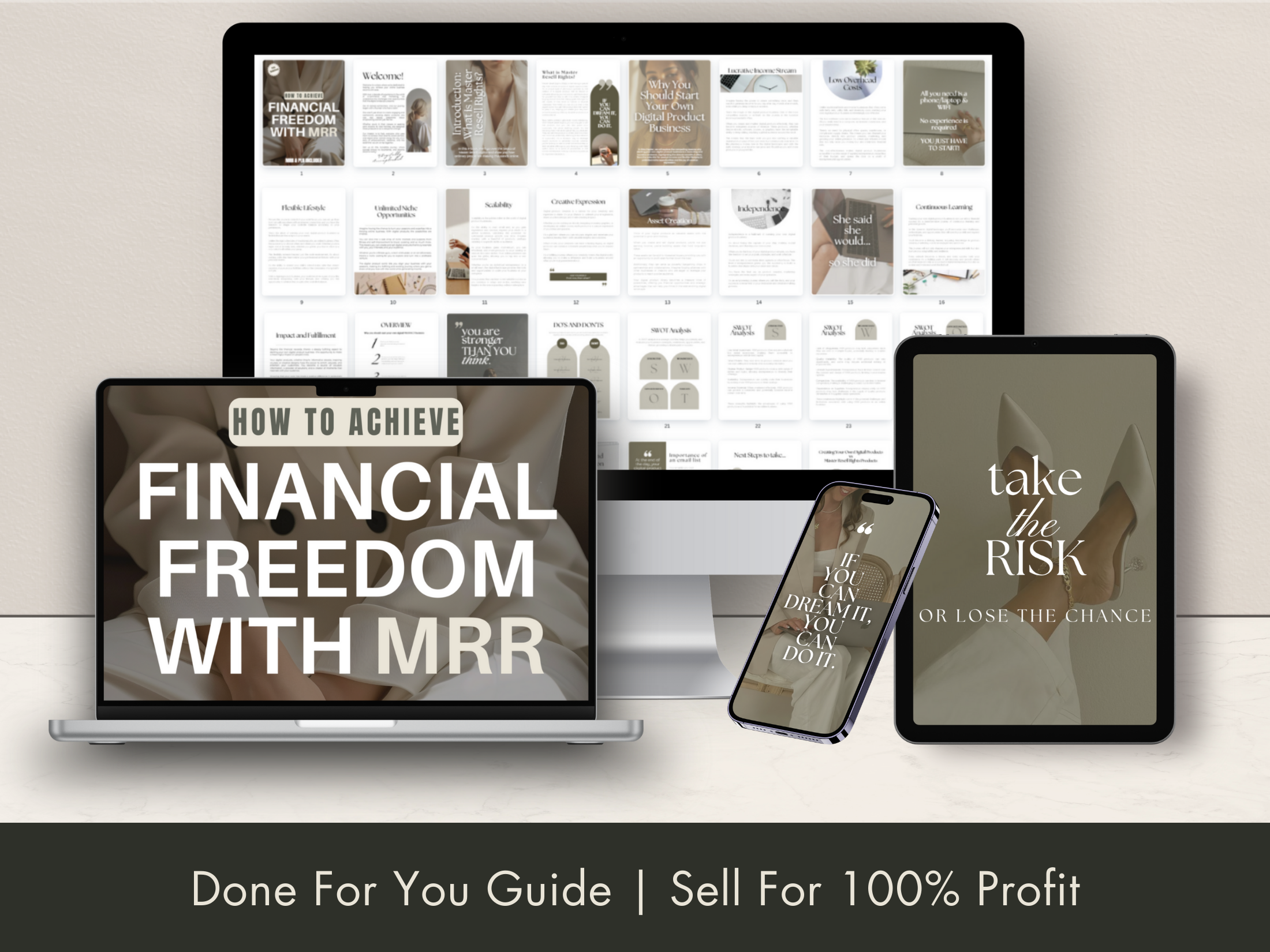 Digital product guide preview for the "How to Achieve Financial Freedom with MRR" eBook, featuring editable and printable content designed to help entrepreneurs achieve financial independence through digital sales.