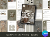 Preview of the "How to Achieve Financial Freedom with MRR" eBook, displaying various pages, including business planning, sales strategies, and financial management tips for building a profitable digital product business.