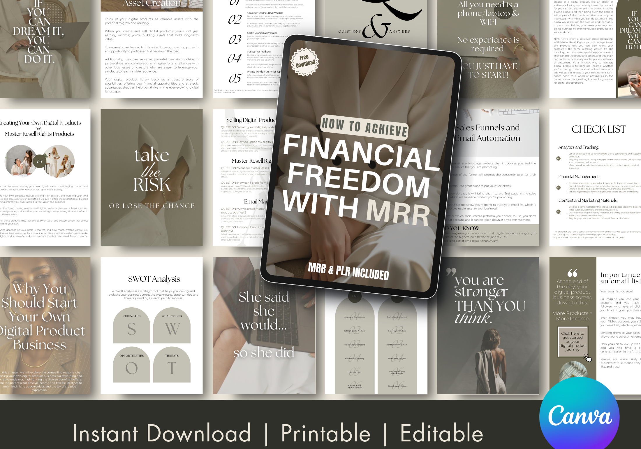 Preview of the "How to Achieve Financial Freedom with MRR" eBook, displaying various pages, including business planning, sales strategies, and financial management tips for building a profitable digital product business.