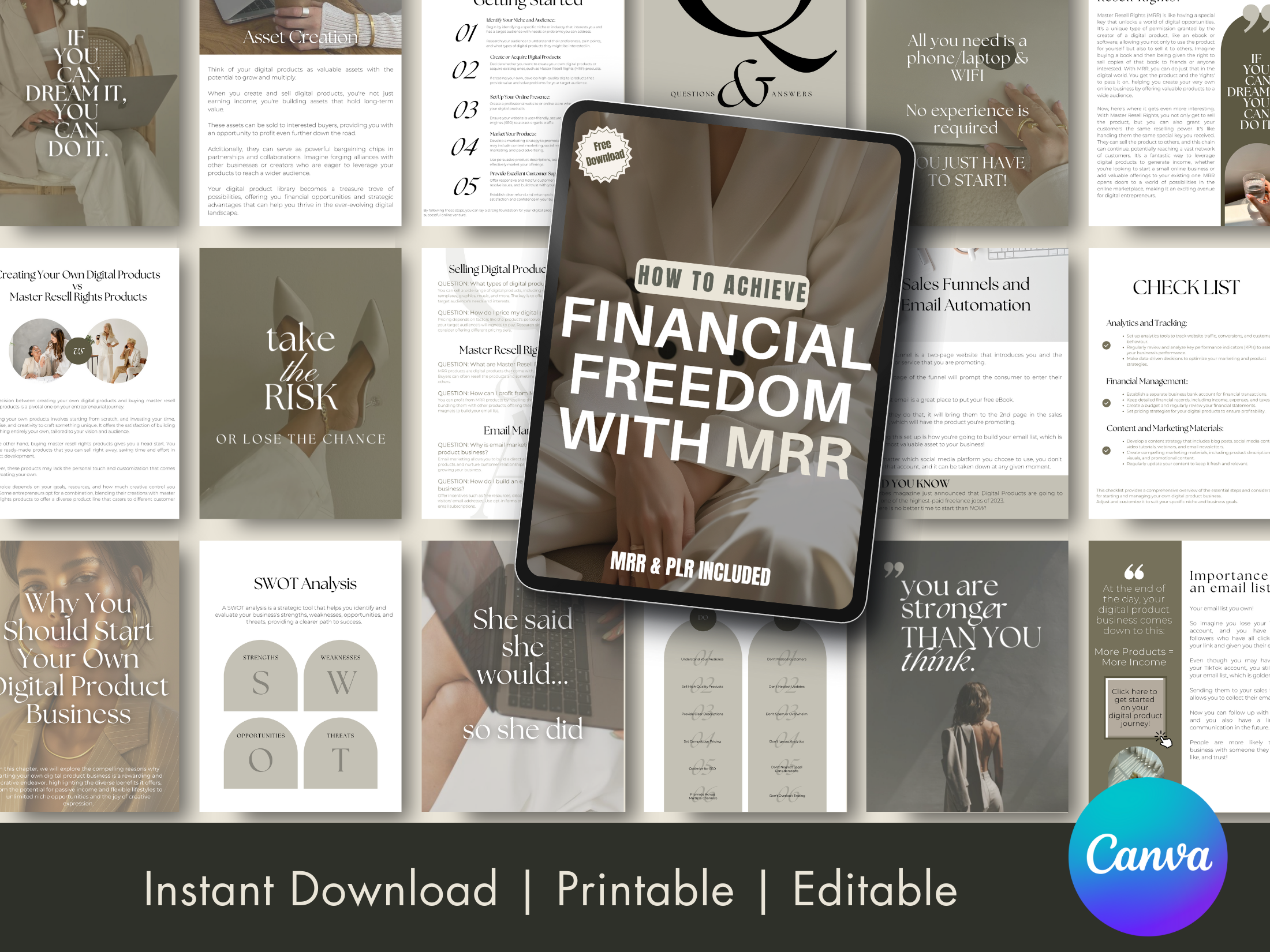 Preview of the "How to Achieve Financial Freedom with MRR" eBook, displaying various pages, including business planning, sales strategies, and financial management tips for building a profitable digital product business.