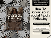 The cover for "How To Grow Your Social Media Following," featuring a fashionable woman in sunglasses and a trench coat. The guide promotes strategies to grow social media presence and connect with audiences. It emphasizes being editable, customizable, and 78 pages in length.