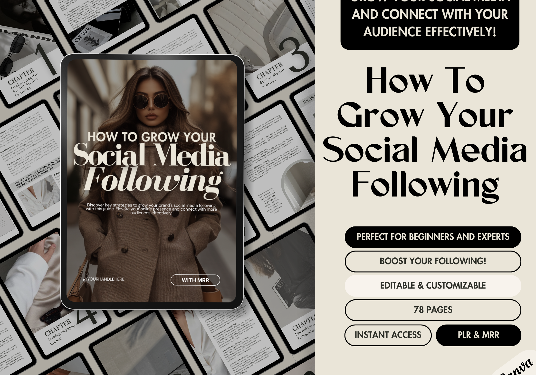 The cover for "How To Grow Your Social Media Following," featuring a fashionable woman in sunglasses and a trench coat. The guide promotes strategies to grow social media presence and connect with audiences. It emphasizes being editable, customizable, and 78 pages in length.