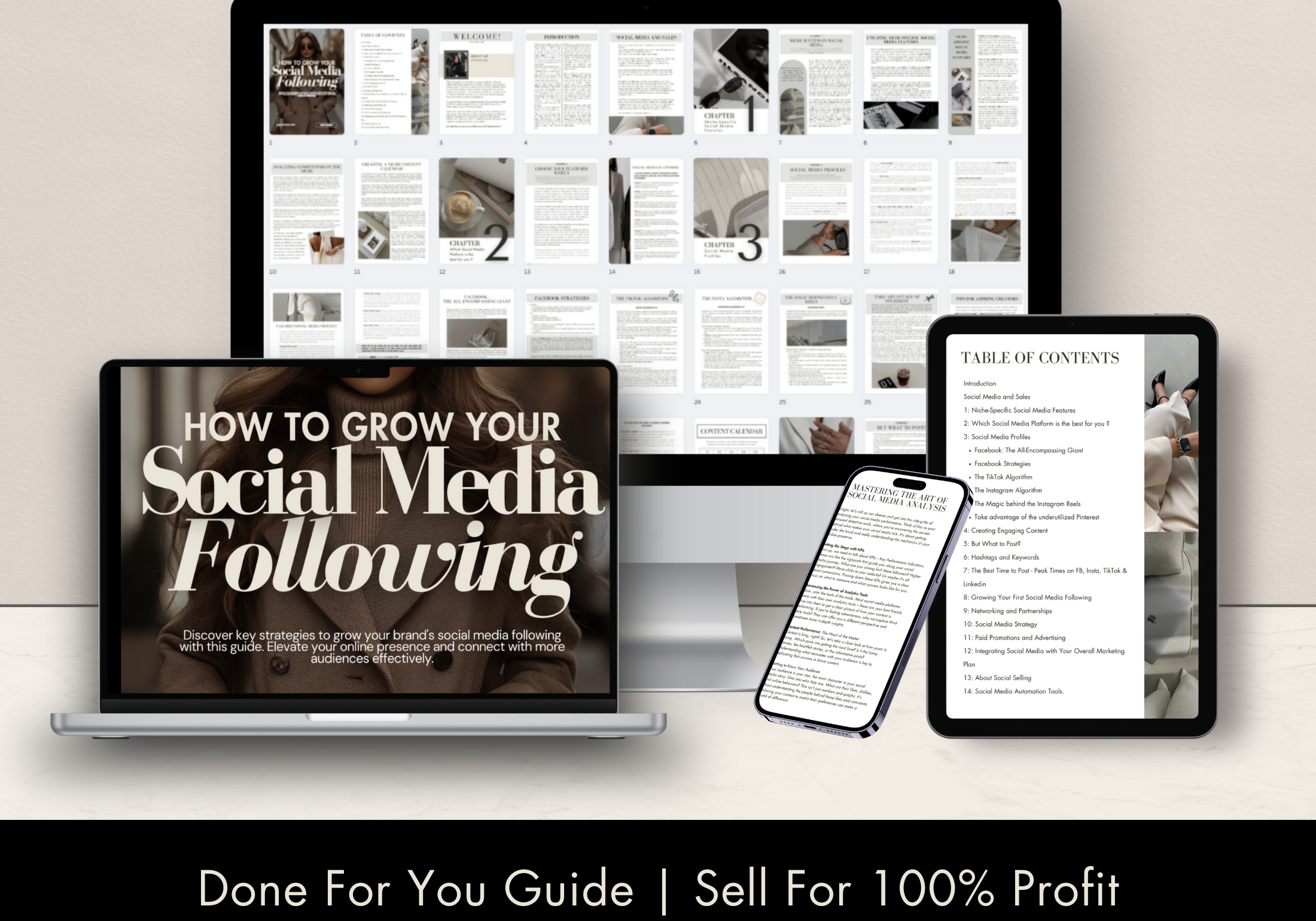 A product display for "How To Grow Your Social Media Following," featuring mockups on a laptop, tablet, and smartphone. The display highlights the Table of Contents and multiple page previews, emphasizing its done-for-you format with resale opportunities for 100% profit.