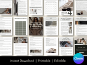 A preview of "How To Grow Your Social Media Following," displaying various chapters with clean layouts. Topics include content creation, social media strategy, hashtags, and tools for automation. The pages feature minimalistic visuals and professional formatting.