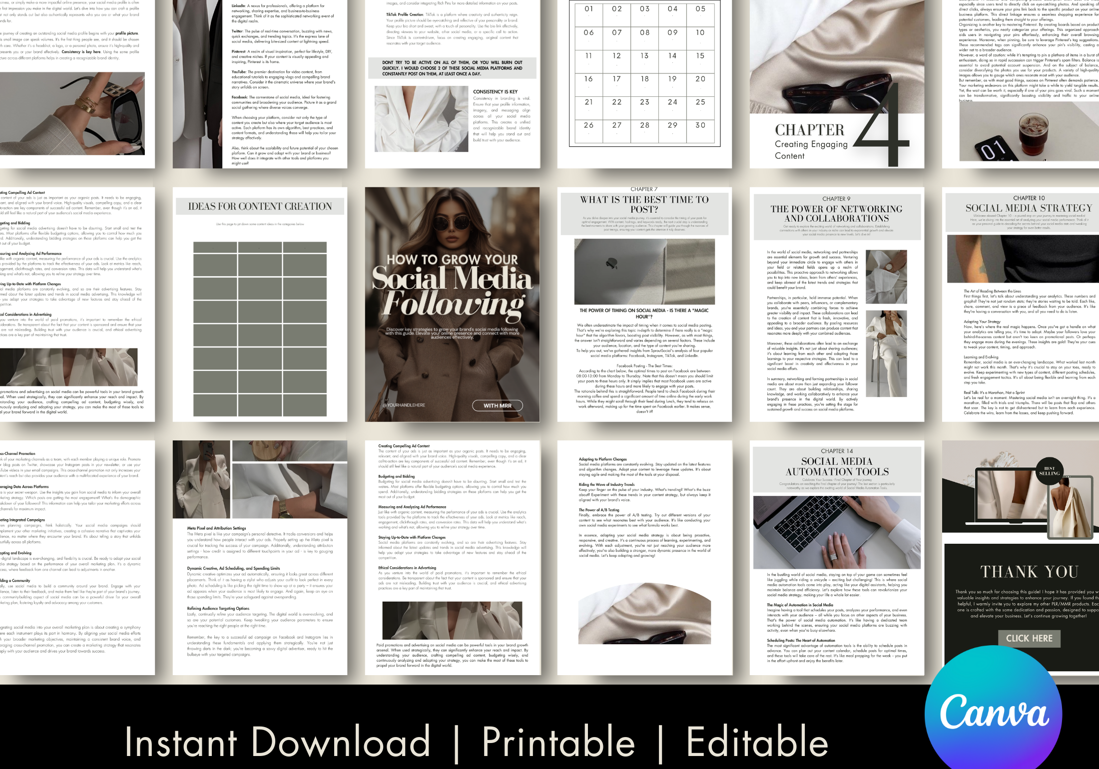 A preview of "How To Grow Your Social Media Following," displaying various chapters with clean layouts. Topics include content creation, social media strategy, hashtags, and tools for automation. The pages feature minimalistic visuals and professional formatting.