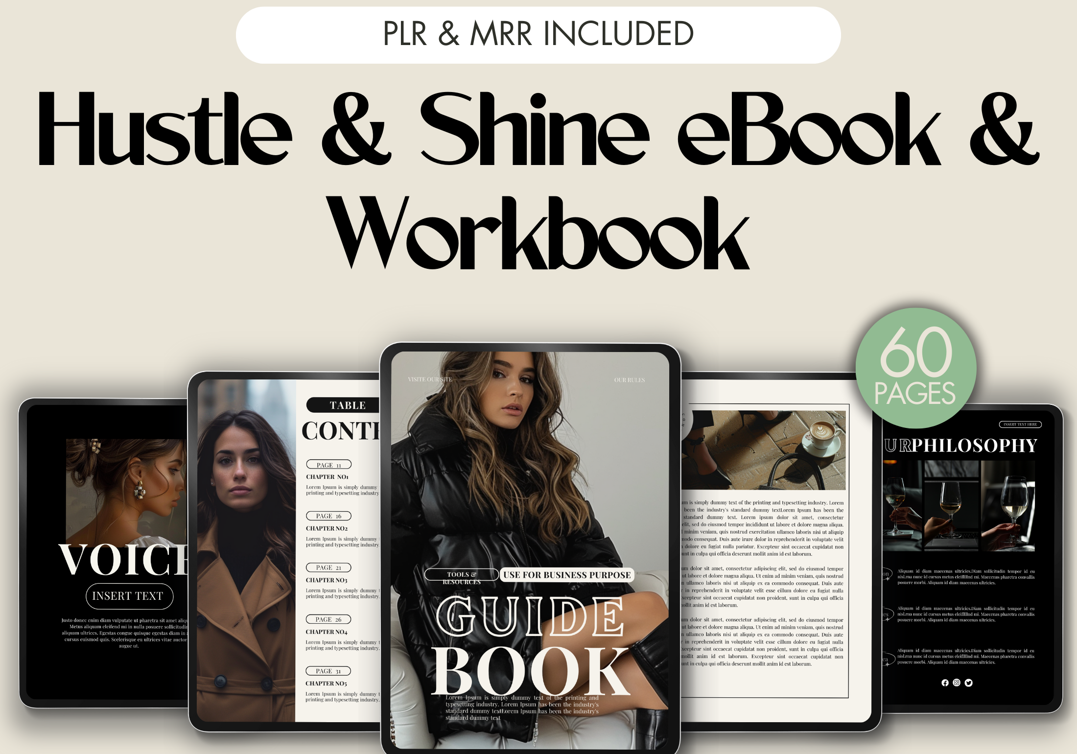 Cover image for the Hustle & Shine eBook and Workbook, a 60-page guide designed to help entrepreneurs elevate their business strategies with practical tools and actionable insights.