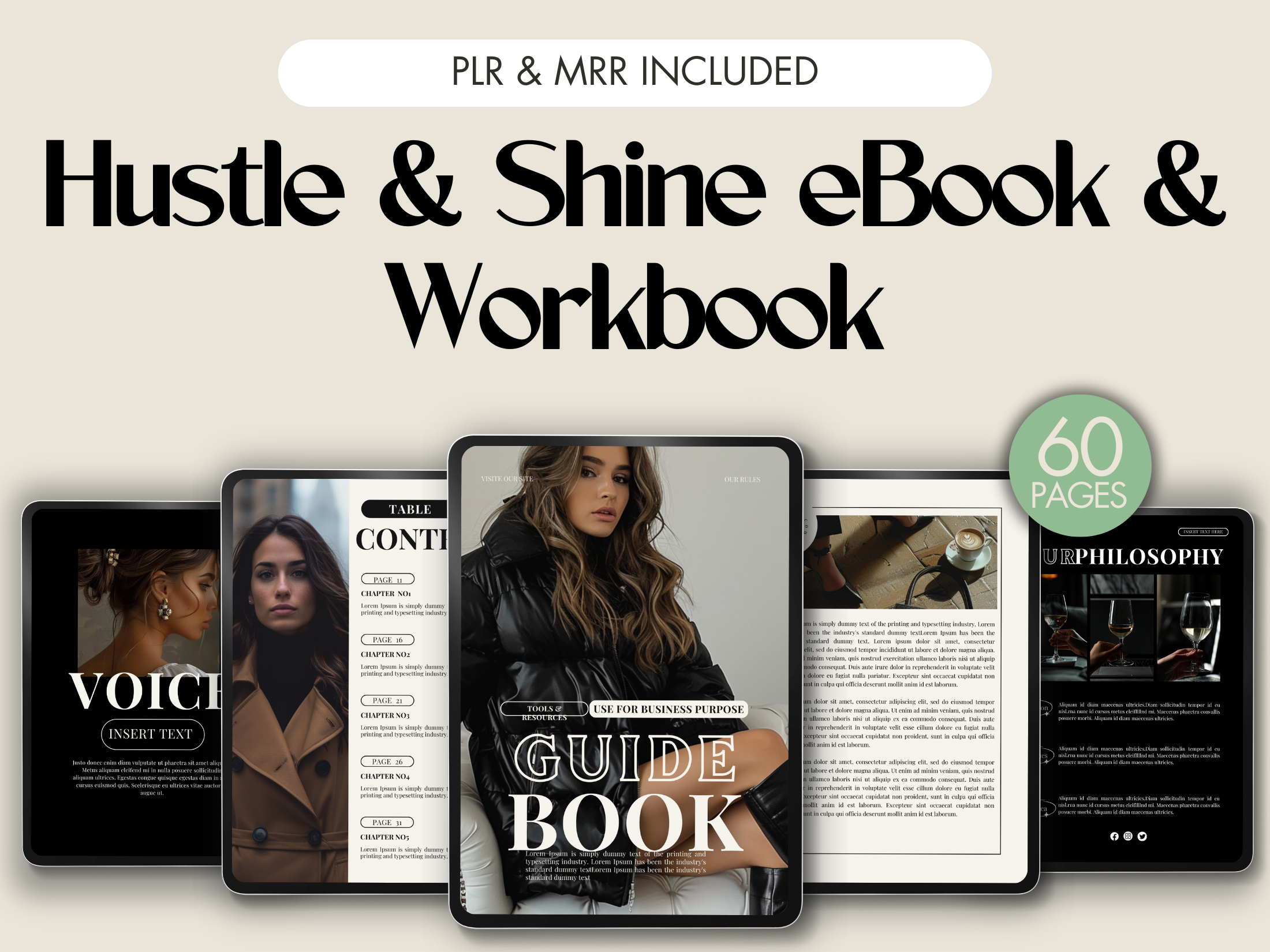 Cover image for the Hustle & Shine eBook and Workbook, a 60-page guide designed to help entrepreneurs elevate their business strategies with practical tools and actionable insights.