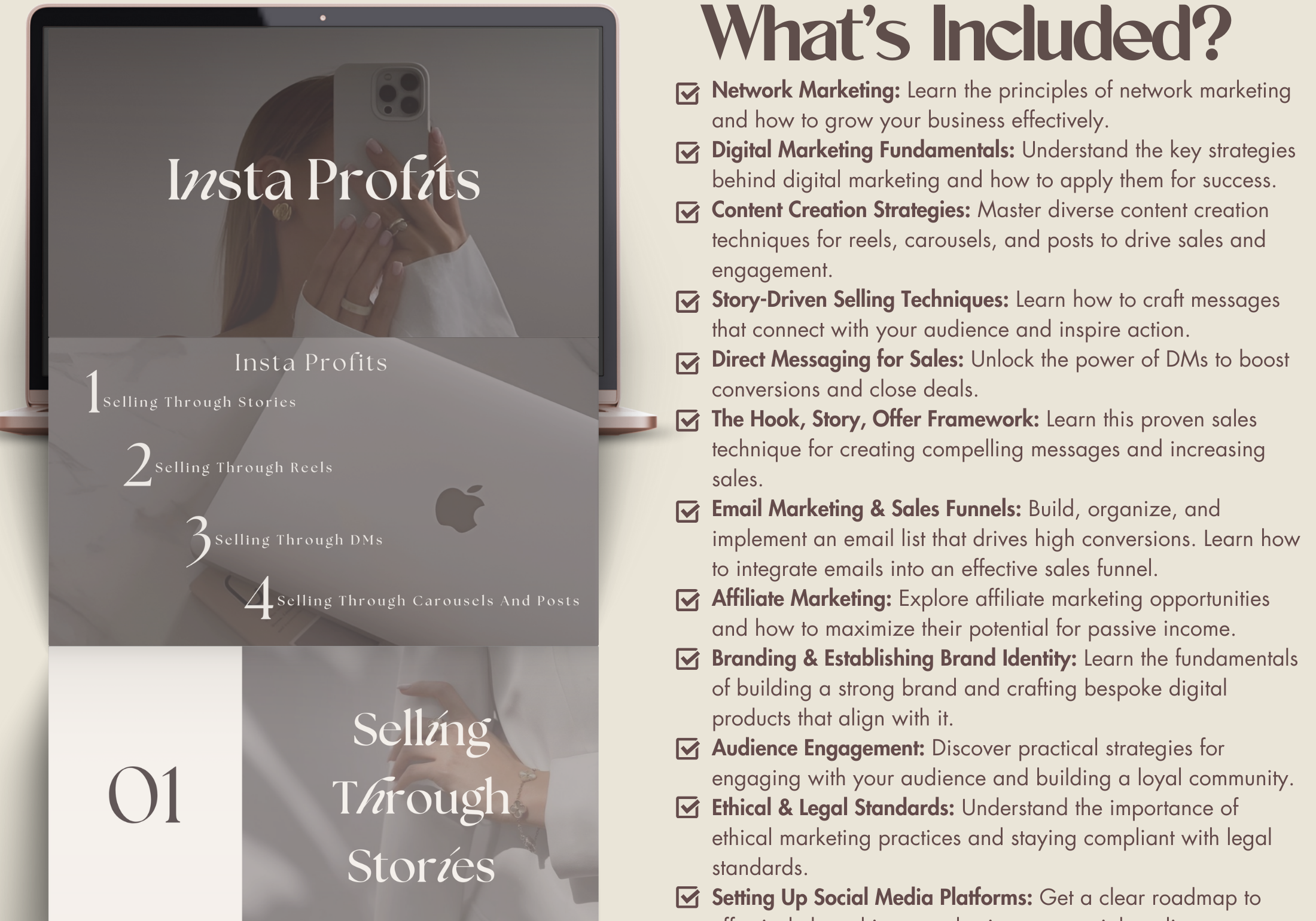 Mockup detailing the Insta Profits guide, including strategies for selling through stories, reels, DMs, and carousels.