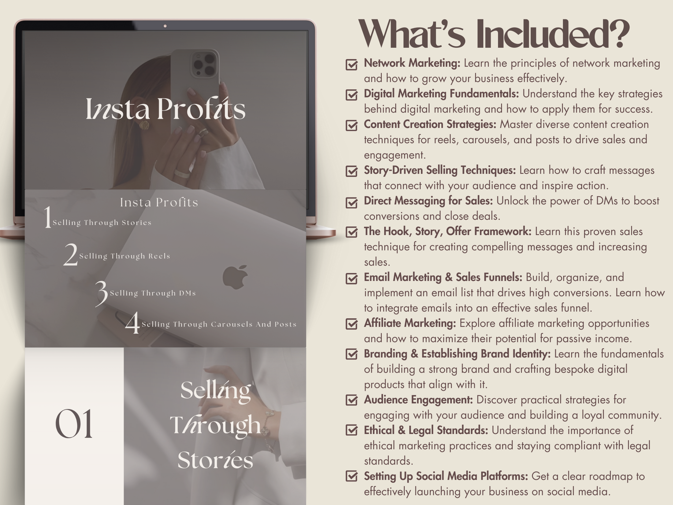 Mockup detailing the Insta Profits guide, including strategies for selling through stories, reels, DMs, and carousels.