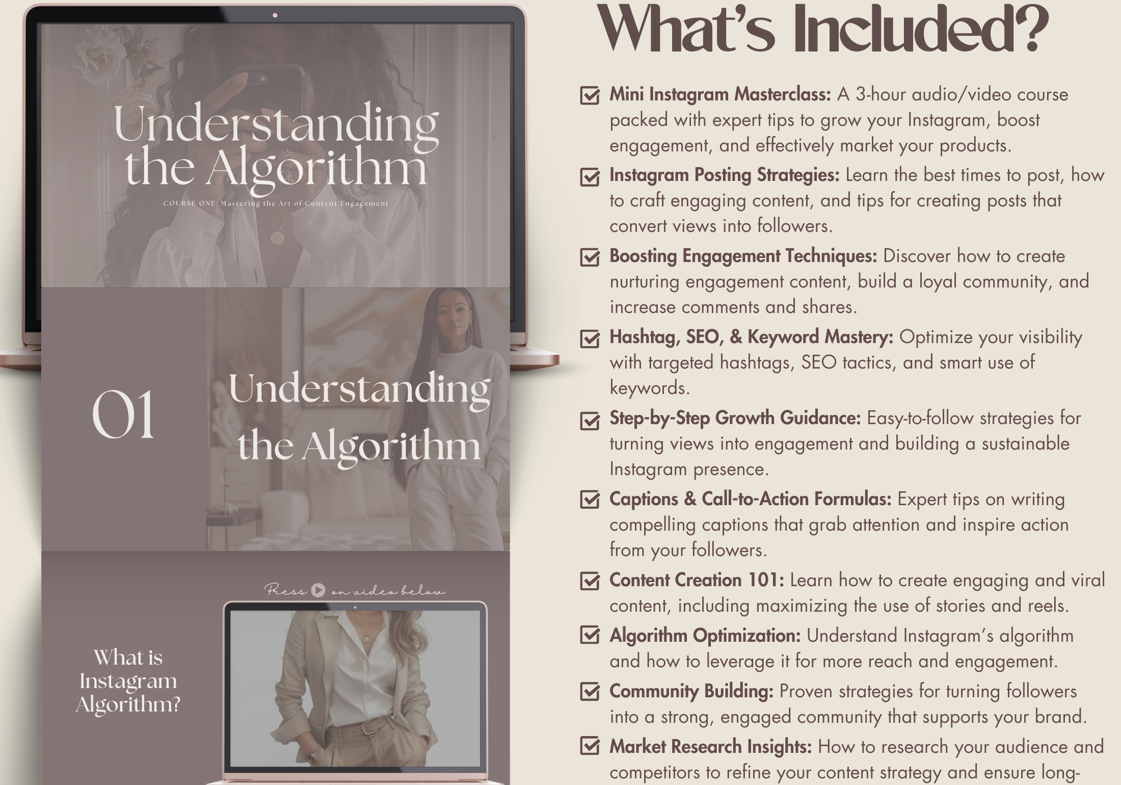 Details of the Instagram Algorithm Masterclass, covering content strategies, boosting engagement, and growth techniques for Instagram success.