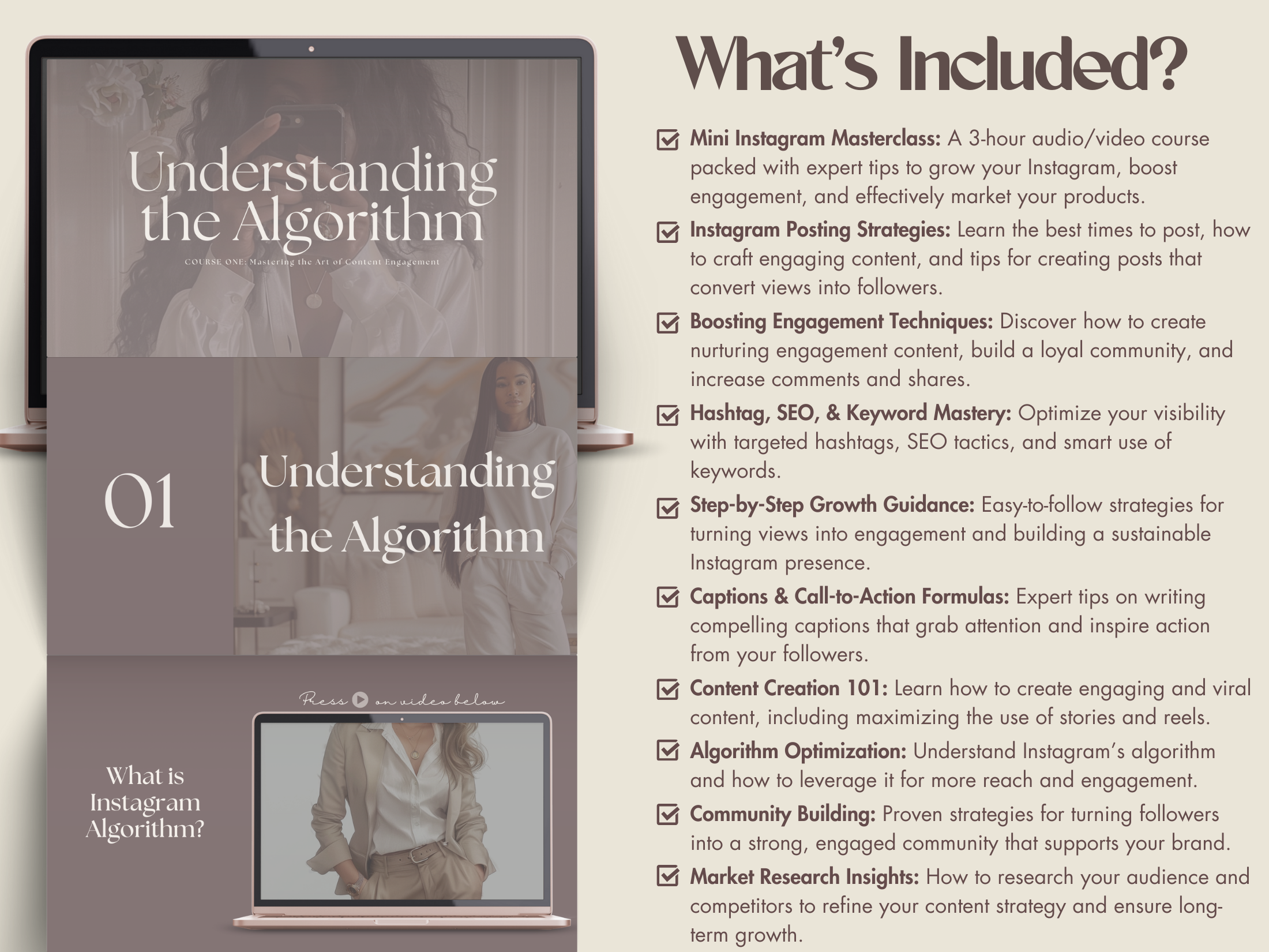 Details of the Instagram Algorithm Masterclass, covering content strategies, boosting engagement, and growth techniques for Instagram success.