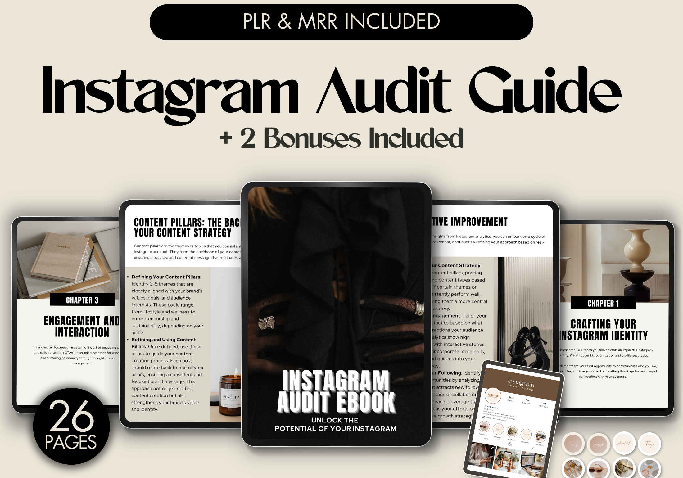 Cover image showcasing the Instagram Audit Guide with PLR and MRR included, featuring an overview of the guide and bonuses.