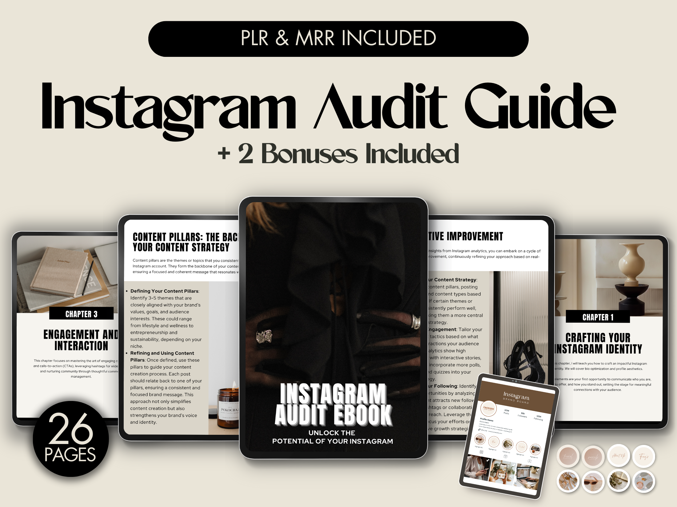 Cover image showcasing the Instagram Audit Guide with PLR and MRR included, featuring an overview of the guide and bonuses.