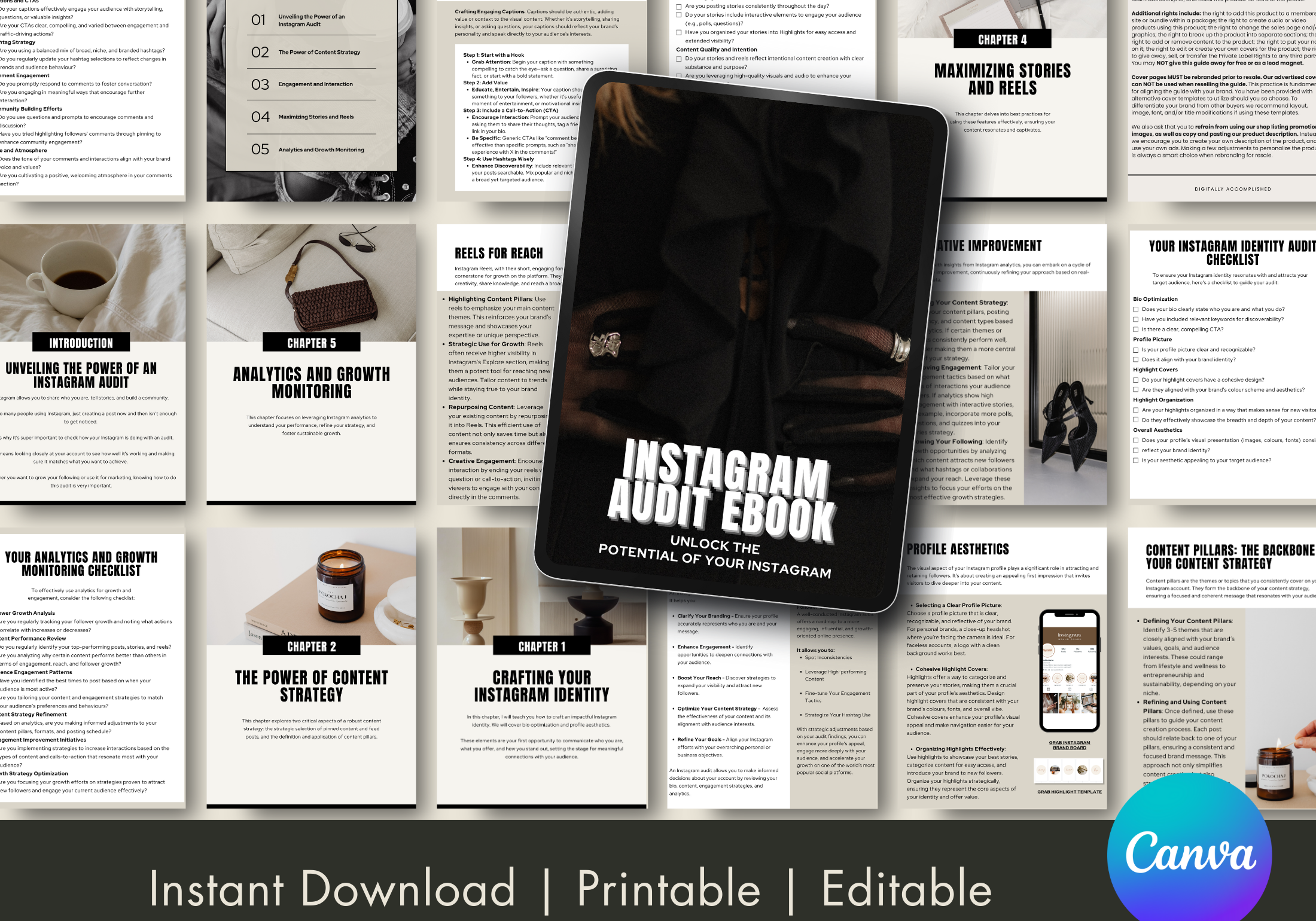 A preview of the Instagram Audit Guide showing different chapters and topics covered, highlighting engagement and content strategy.