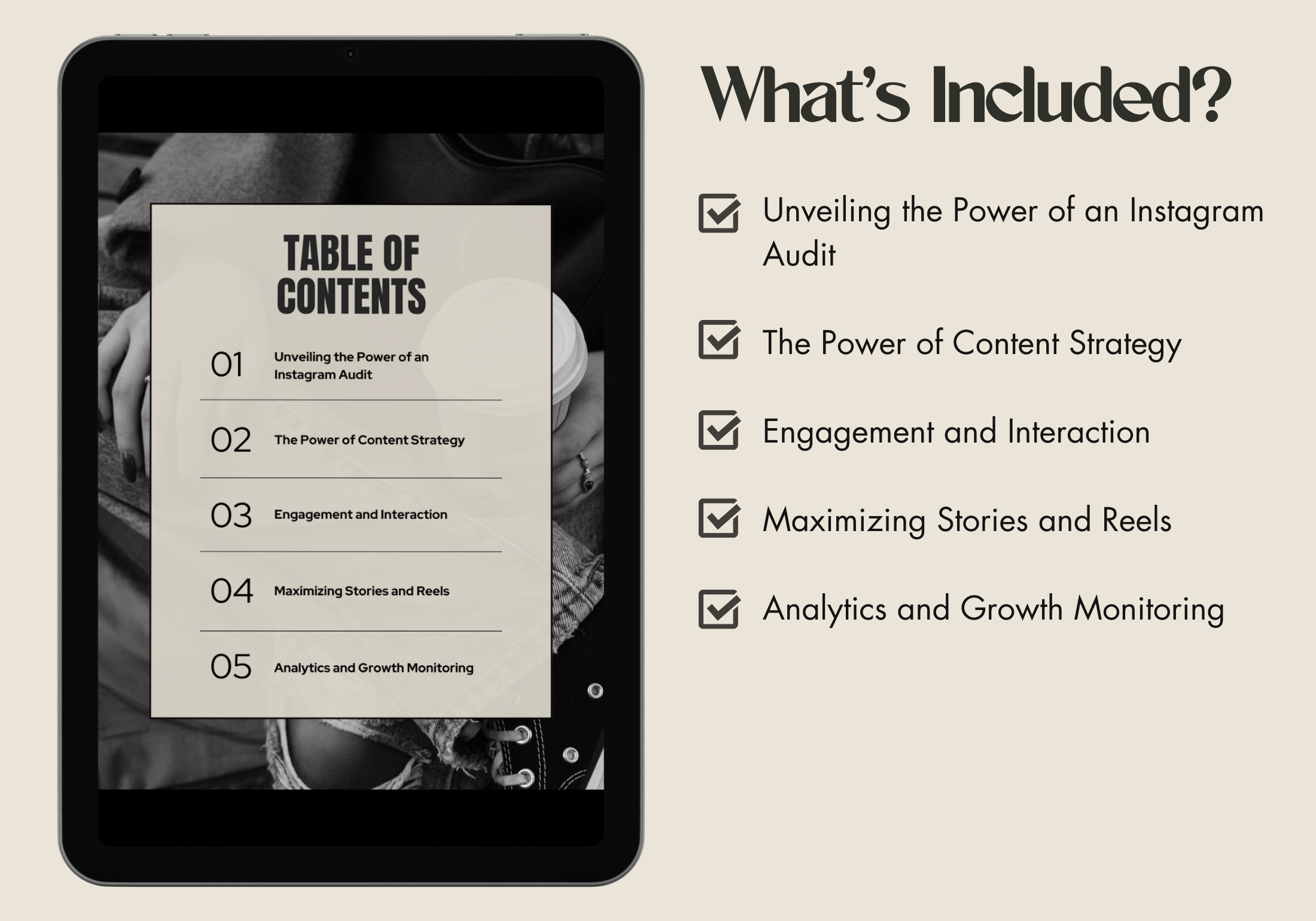 Table of contents for the Instagram Audit Guide, listing key chapters on content strategy, engagement, and growth monitoring.