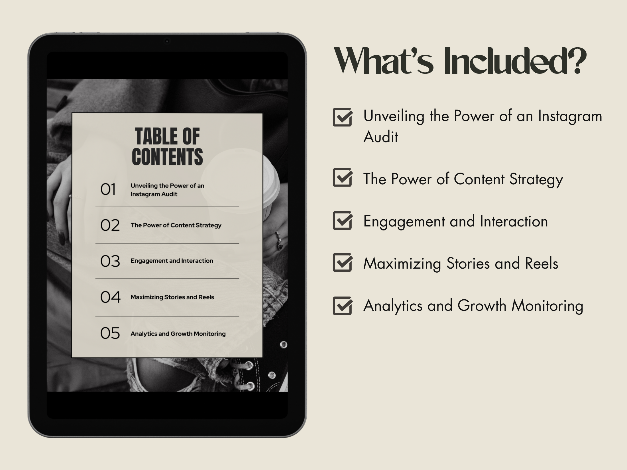 Table of contents for the Instagram Audit Guide, listing key chapters on content strategy, engagement, and growth monitoring.