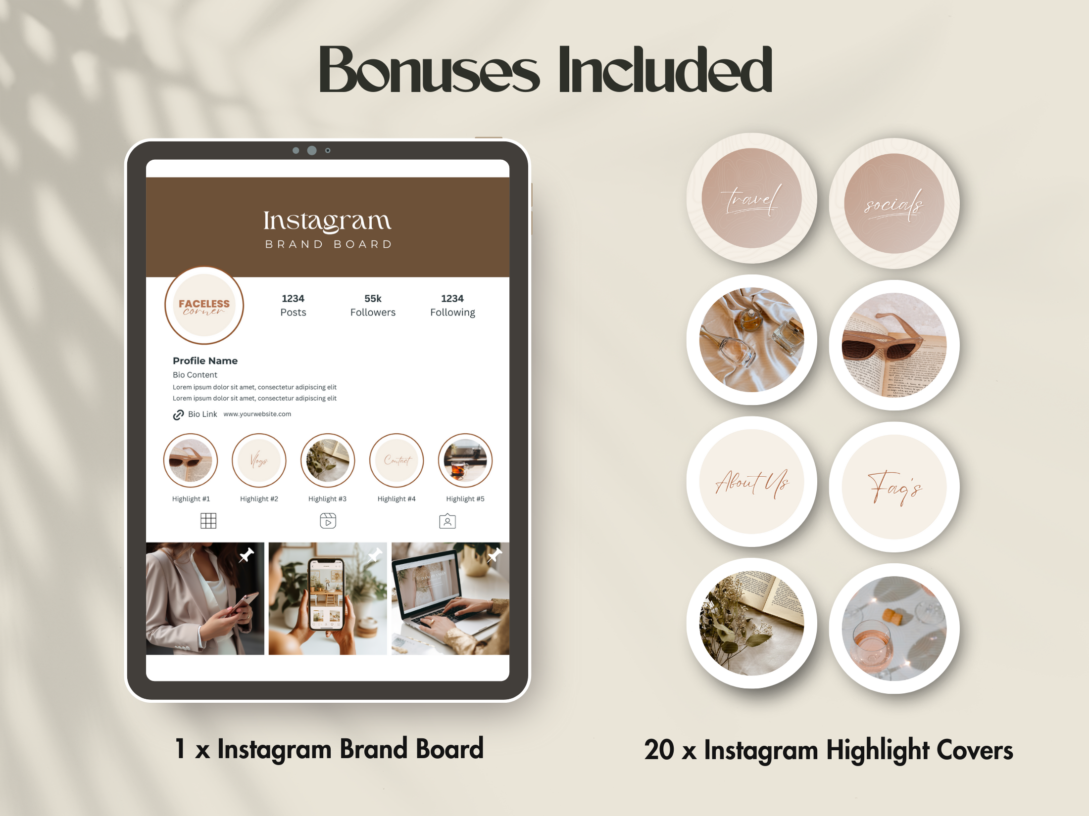 An Instagram brand board and 20 highlight covers, part of the bonuses included with the Instagram Audit Guide.