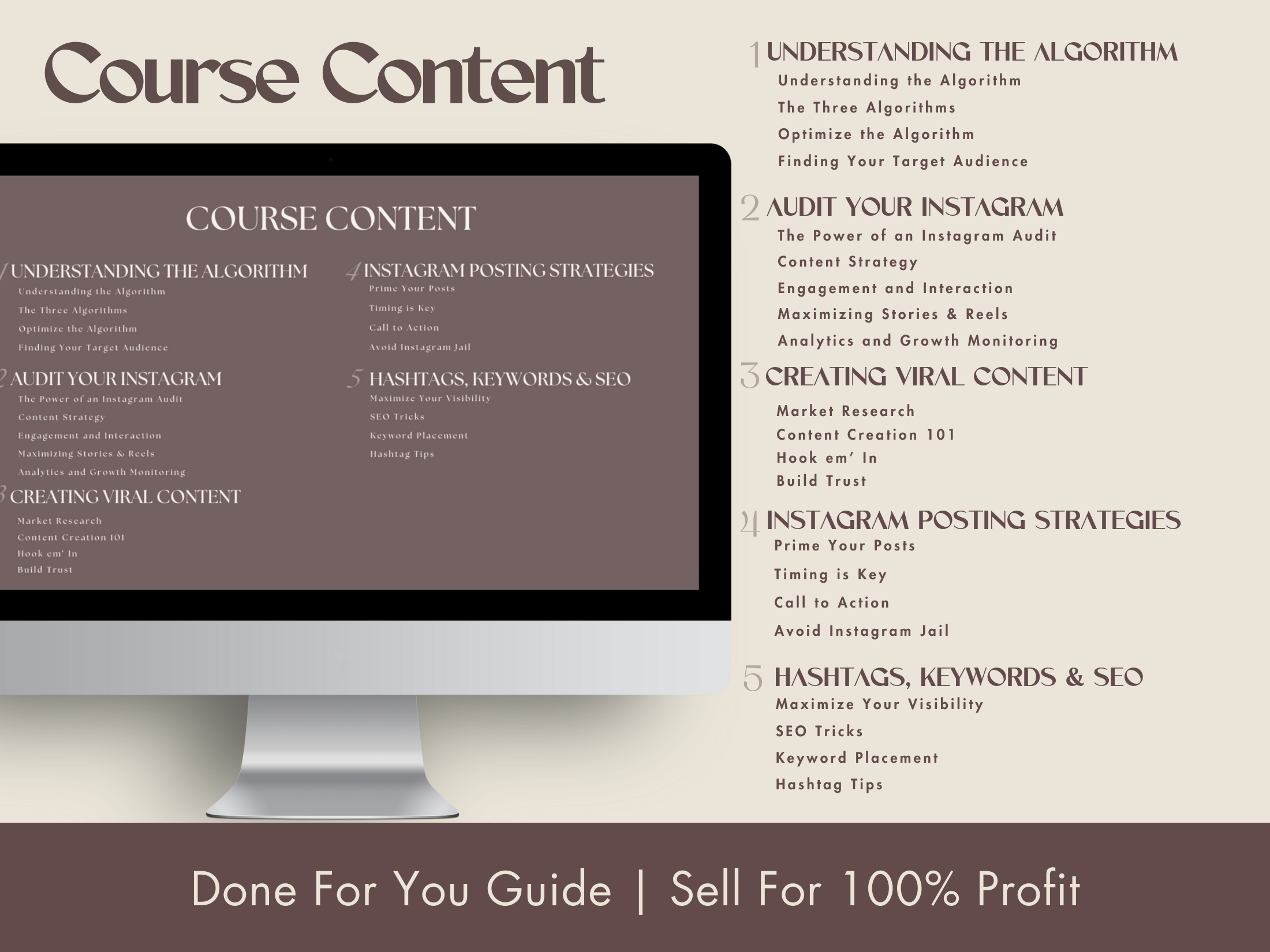 Visual of course modules from the Instagram Success Blueprint, focusing on algorithm understanding, viral content creation, and hashtag strategies.