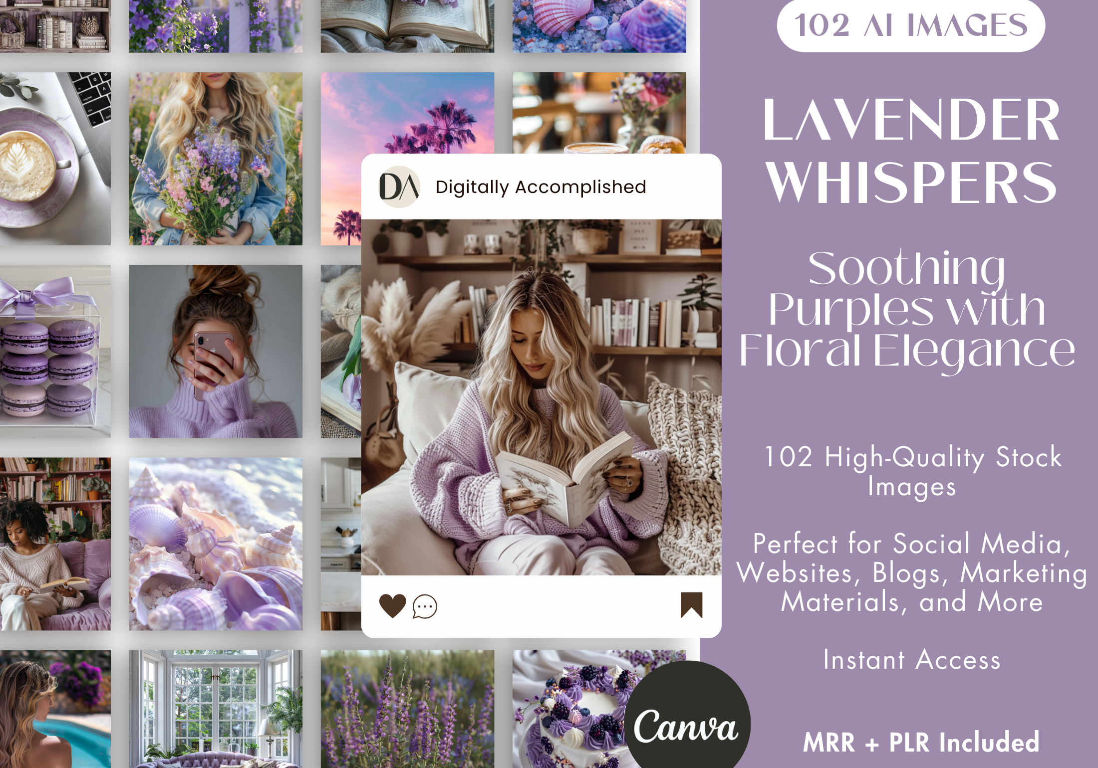 Lavender Whispers AI Stock Images cover showcasing 102 soothing purple-themed images with floral elegance.