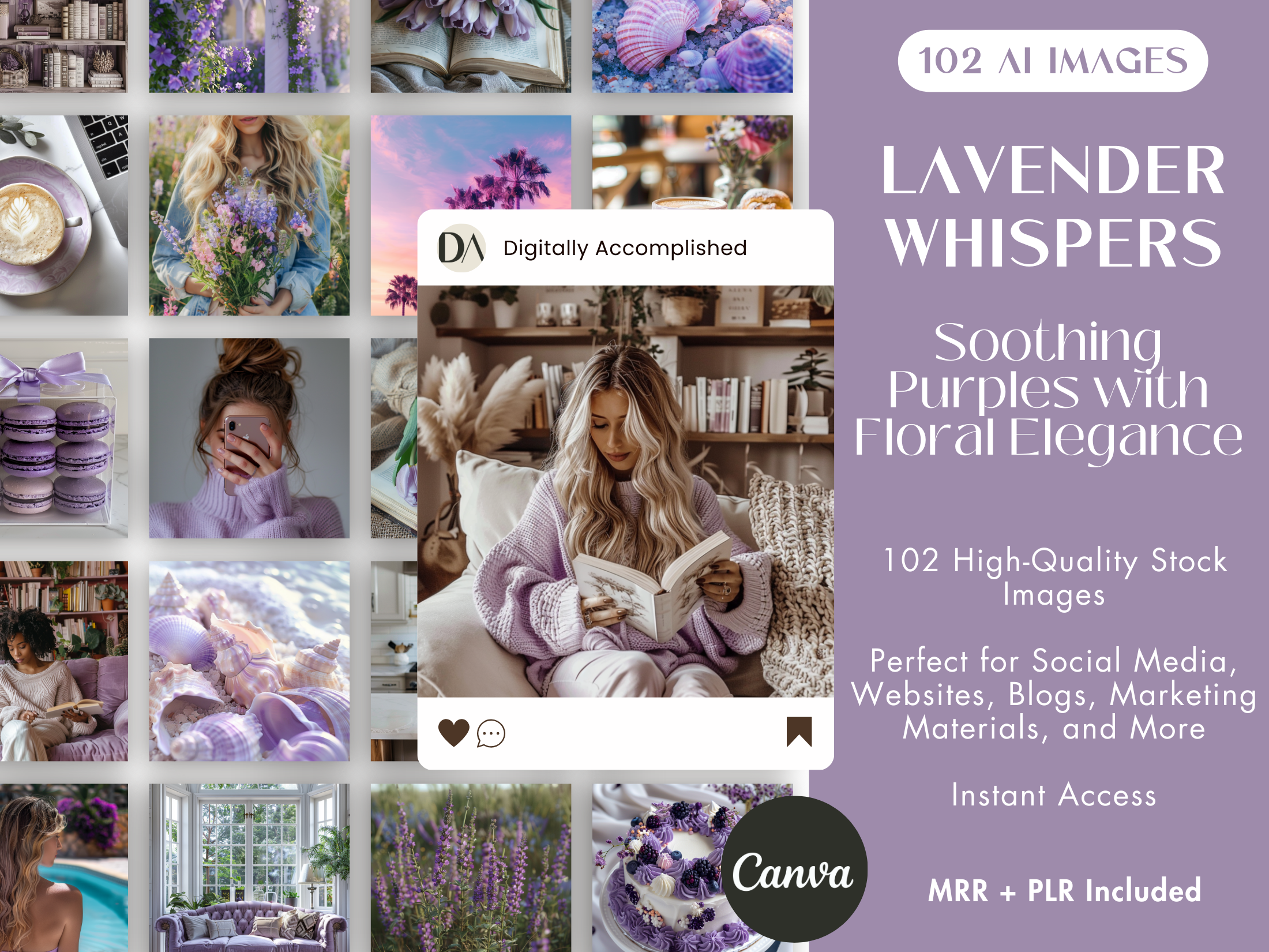 Lavender Whispers AI Stock Images cover showcasing 102 soothing purple-themed images with floral elegance.