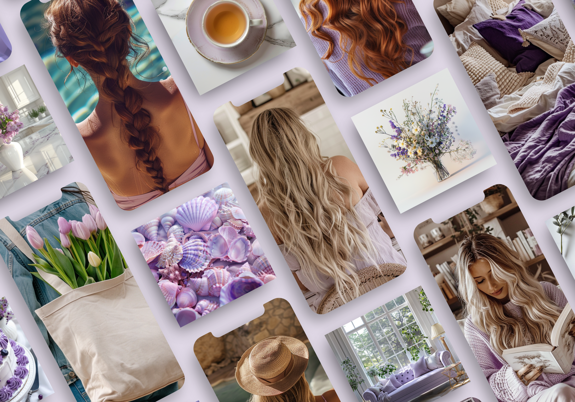 Preview collage of lavender-themed images, featuring florals, cozy settings, and calming aesthetics.