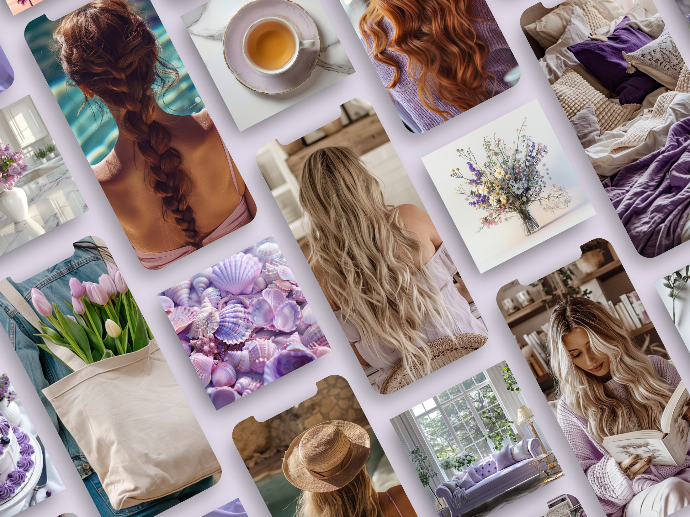 Preview collage of lavender-themed images, featuring florals, cozy settings, and calming aesthetics.