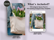 What's included: 102 Instagram square posts and matching story templates with lavender tones.