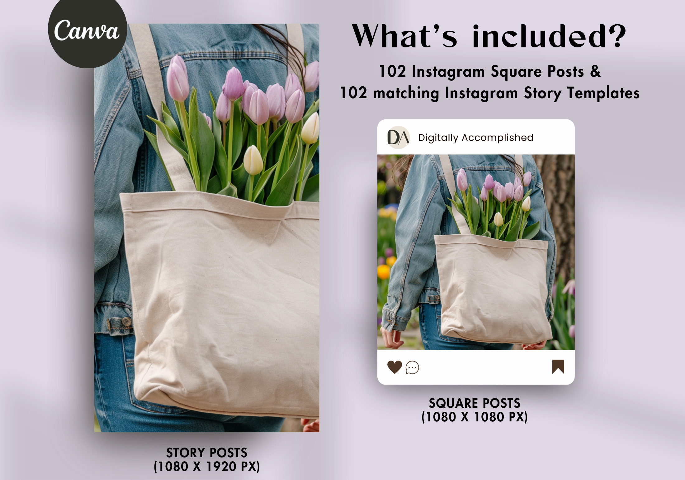 What's included: 102 Instagram square posts and matching story templates with lavender tones.