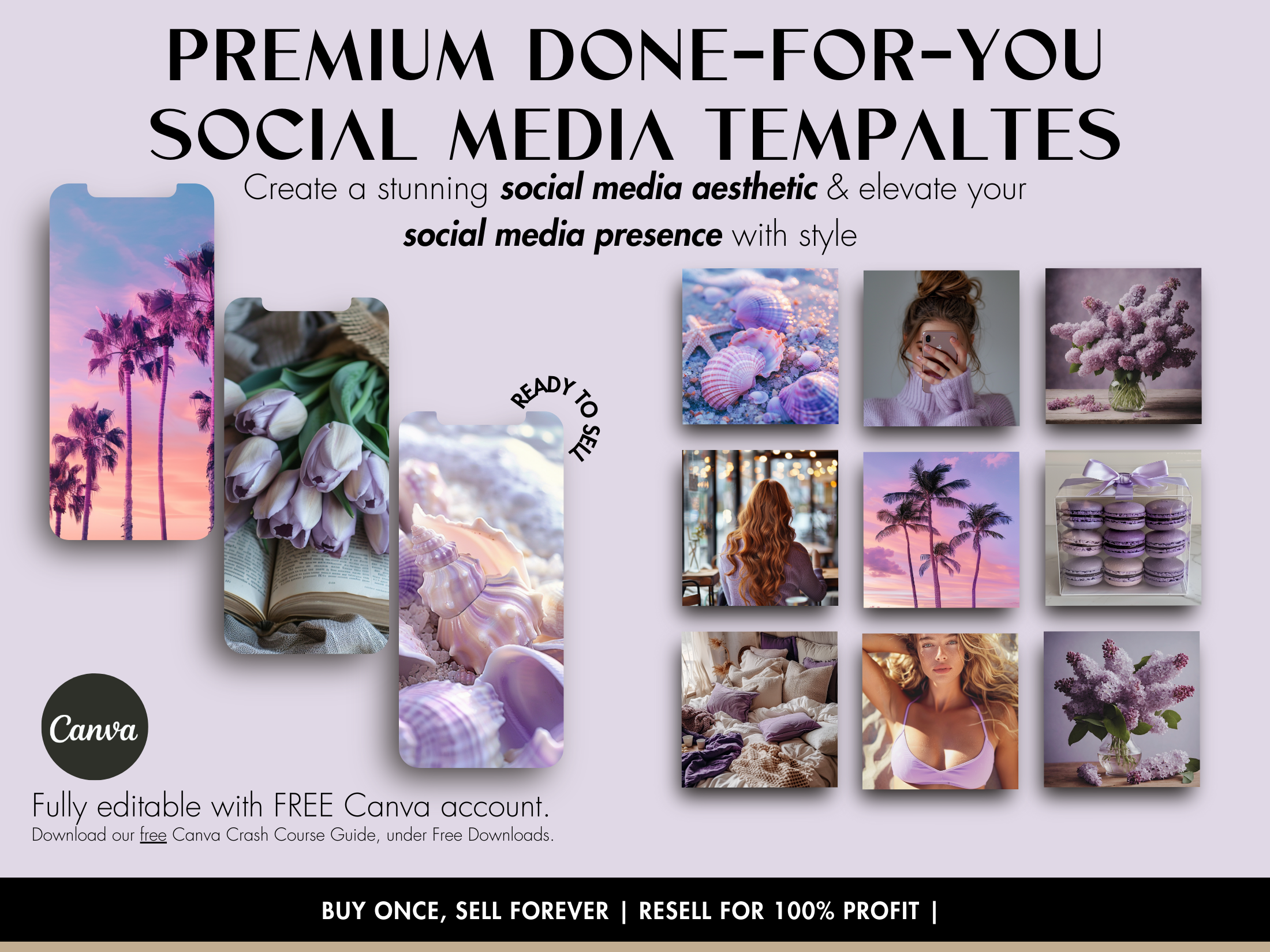 Premium social media templates with soothing purple themes, ready for marketing and branding.