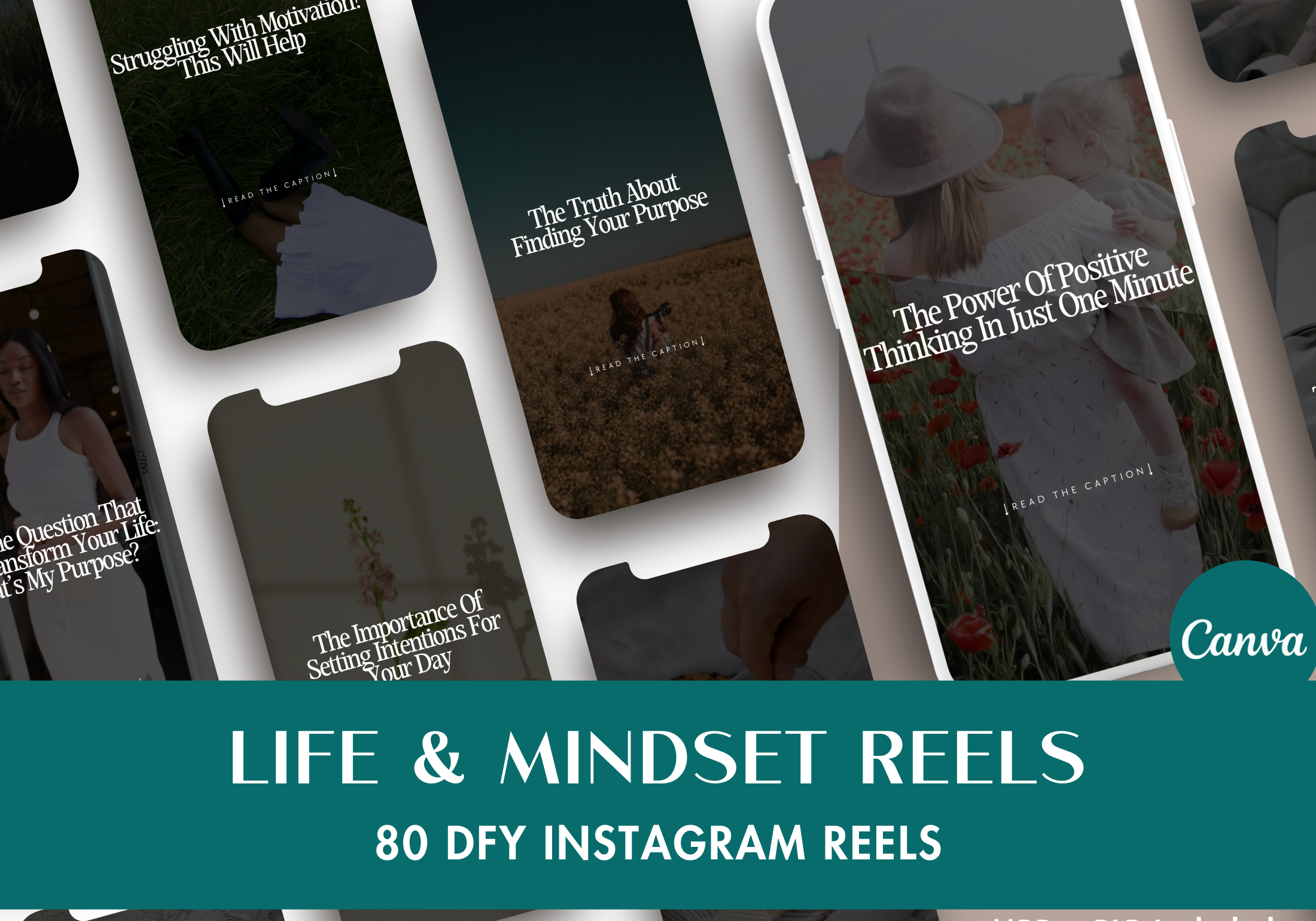 Cover image for the Life & Mindset Reels collection, featuring 80 done-for-you Instagram reels for personal development.