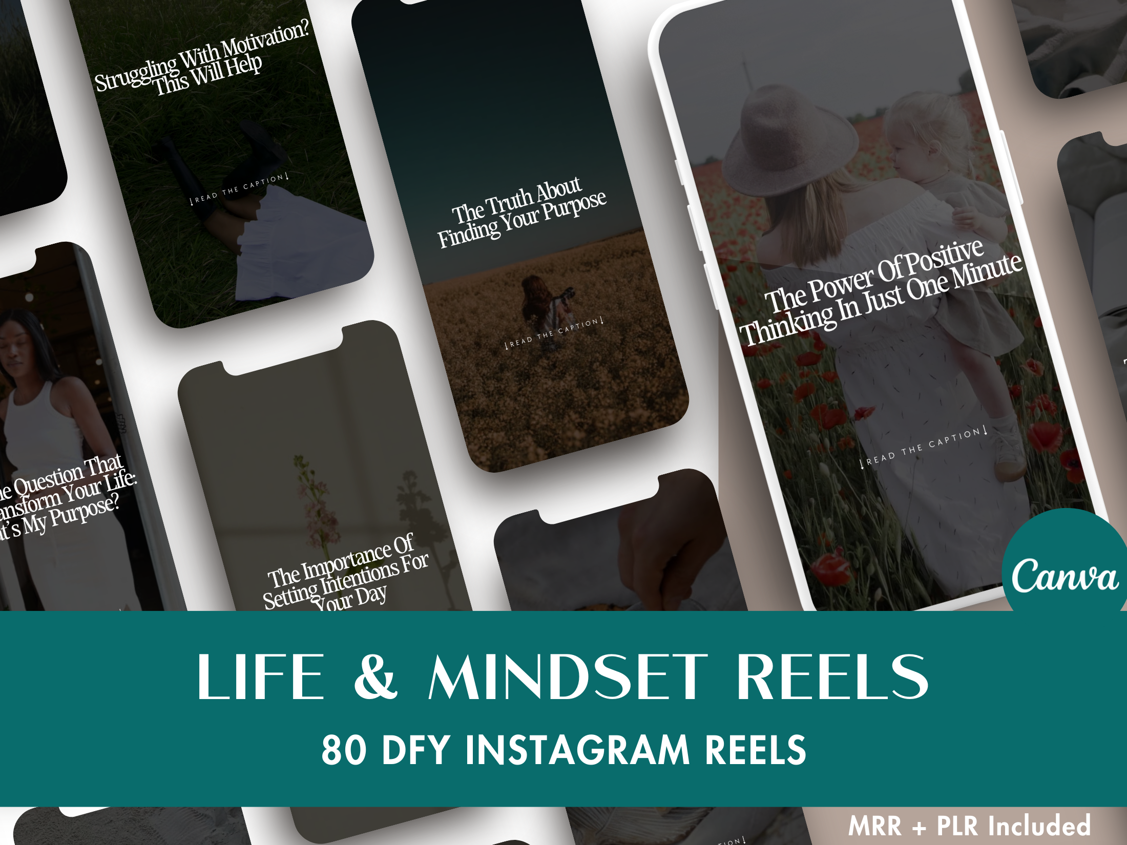 Cover image for the Life & Mindset Reels collection, featuring 80 done-for-you Instagram reels for personal development.