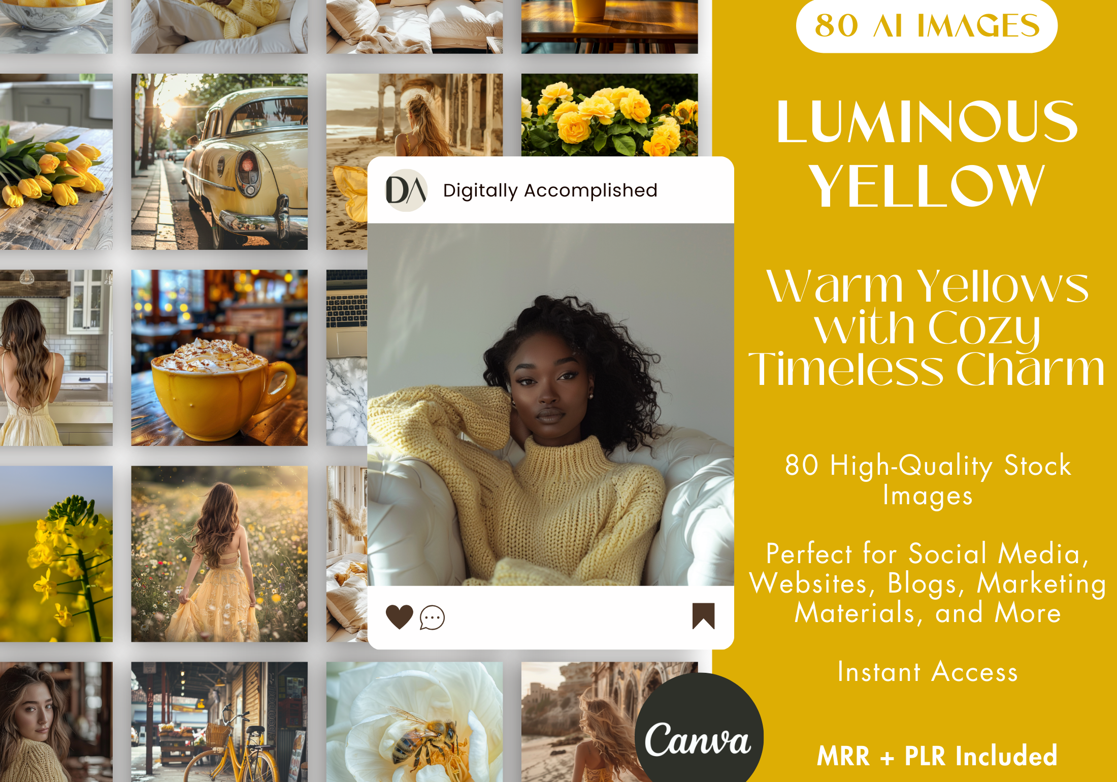 Luminous Yellow AI Stock Images cover showcasing 80 warm yellow-themed images with cozy vibes