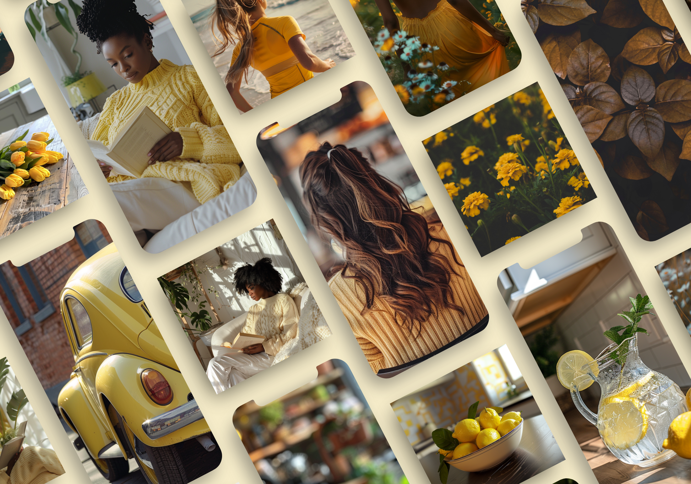 Preview collage of yellow-themed images, including florals, cozy settings, and vibrant yellow accents.