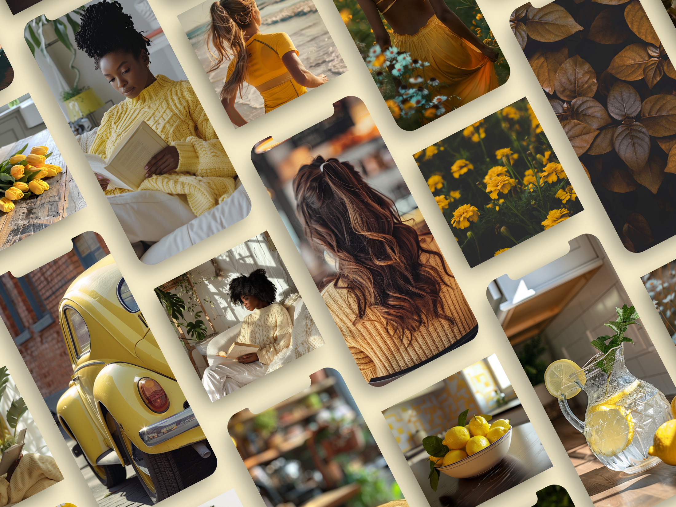 Preview collage of yellow-themed images, including florals, cozy settings, and vibrant yellow accents.