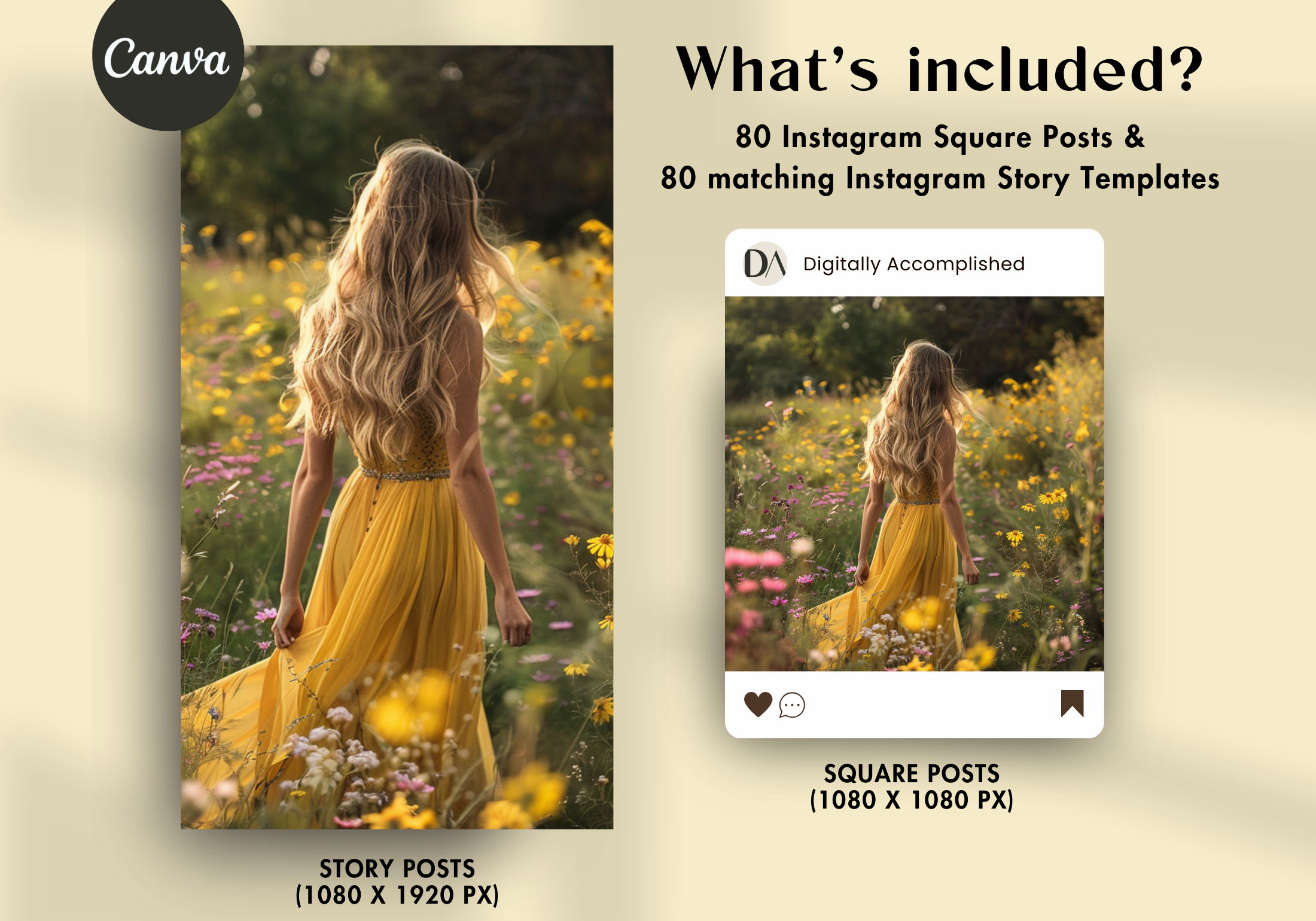 What's included: 80 Instagram square posts and matching story templates with a yellow aesthetic