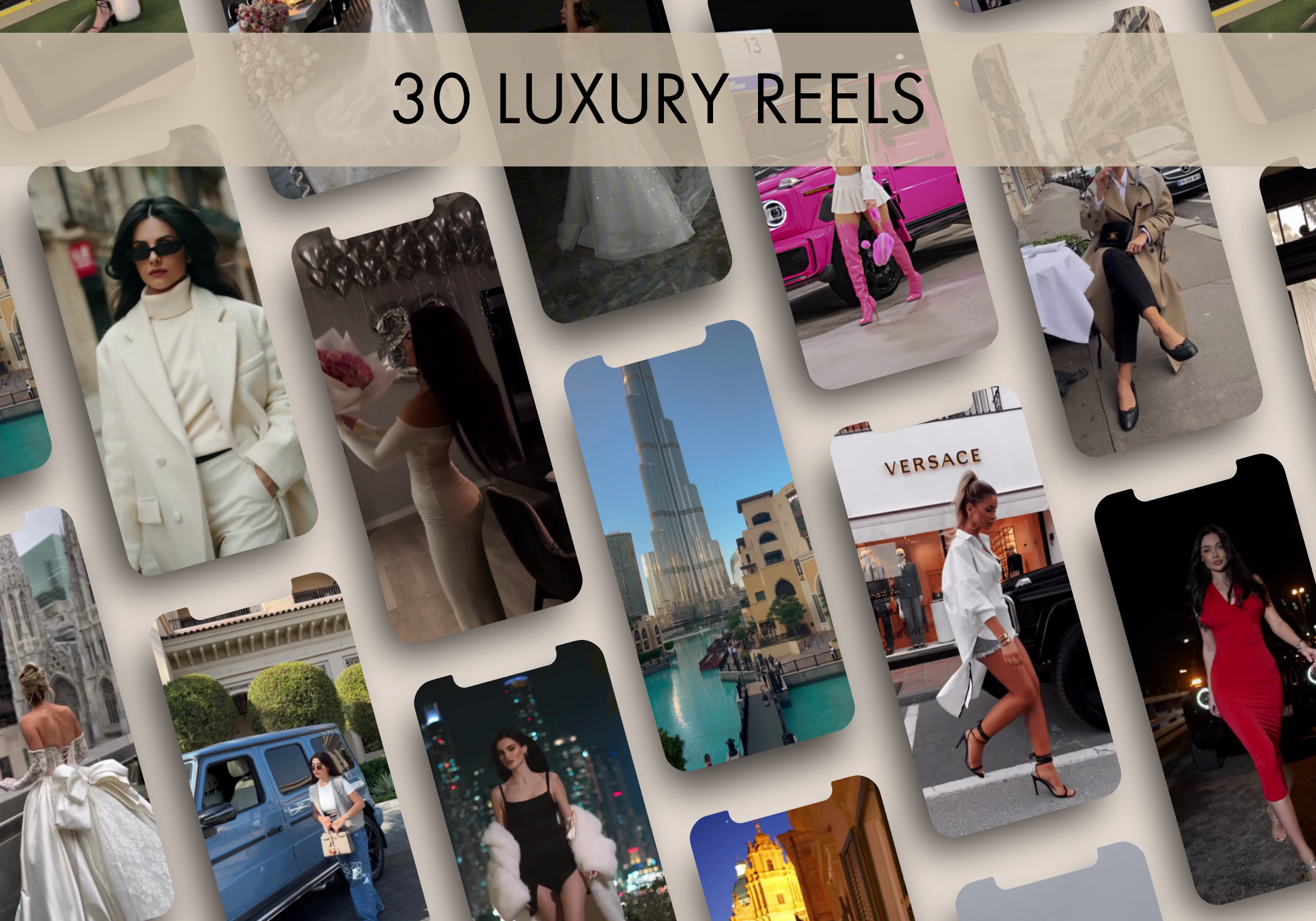 A preview showcasing the 30 luxury reels included in Reel Magic Vol. 1, featuring high-end fashion, lifestyle, and luxury visuals.