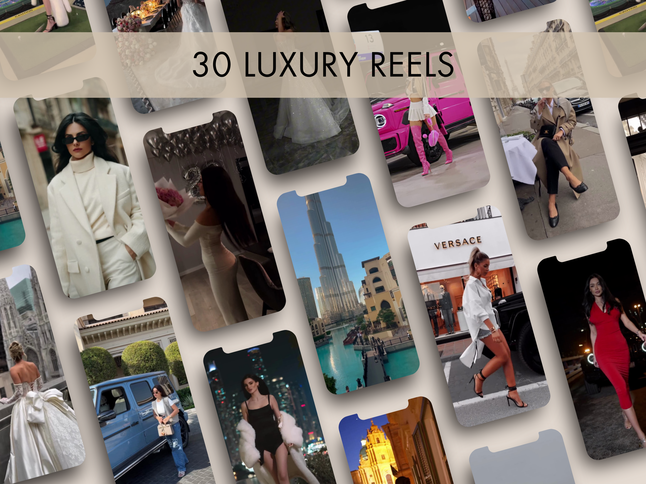 A preview showcasing the 30 luxury reels included in Reel Magic Vol. 1, featuring high-end fashion, lifestyle, and luxury visuals.