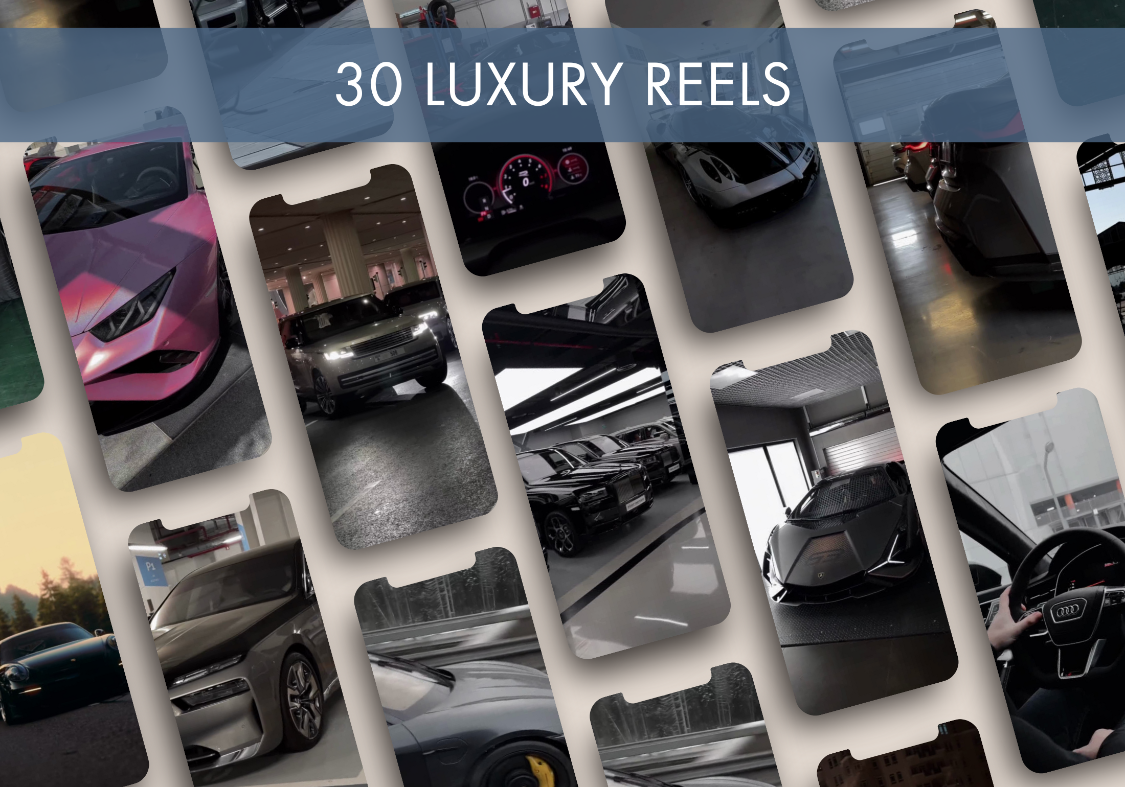 A preview of the 30 luxury reels from The Gentleman’s Instagram Vol. 3, showcasing high-end cars and luxury lifestyle visuals.