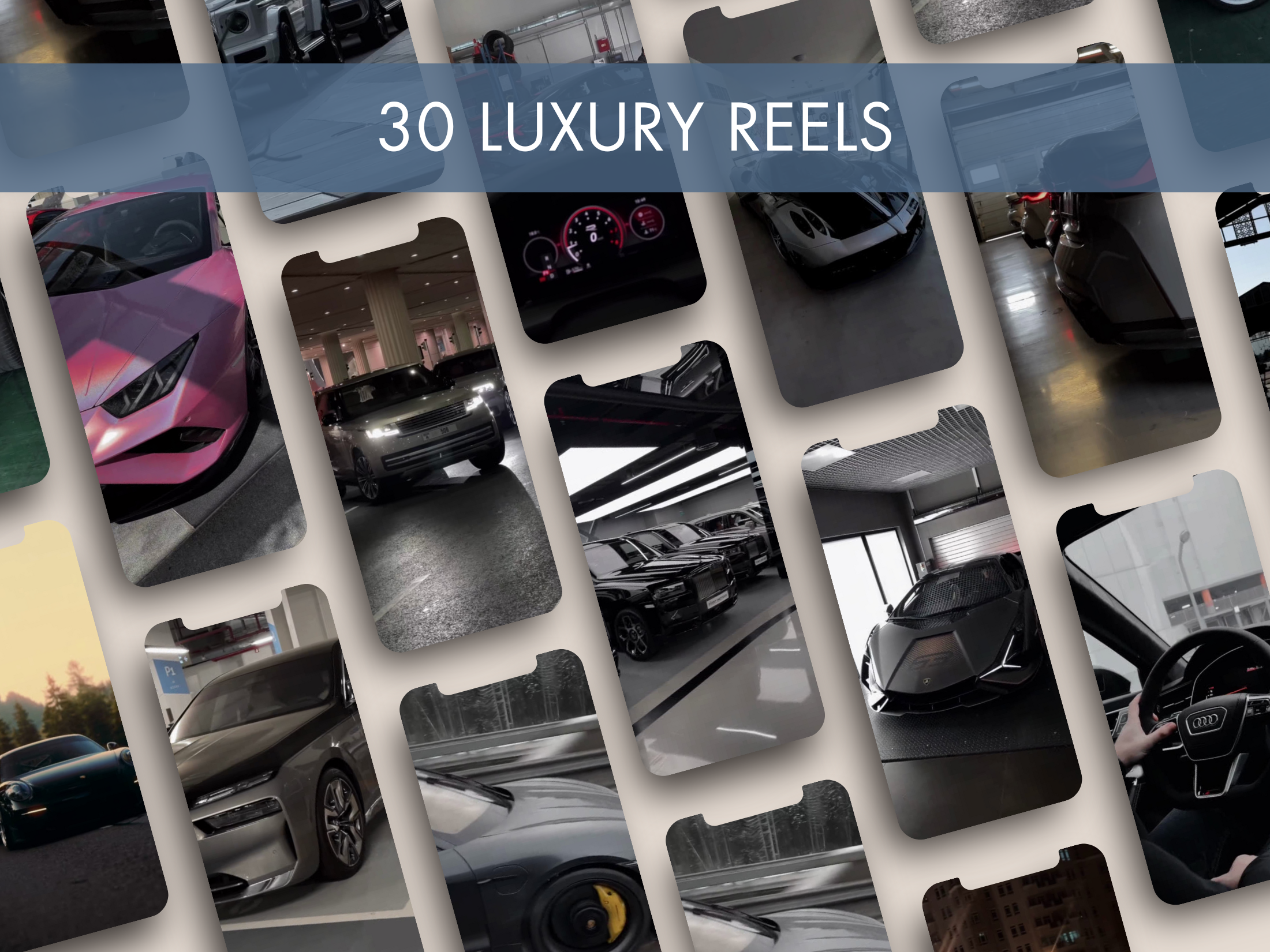 A preview of the 30 luxury reels from The Gentleman’s Instagram Vol. 3, showcasing high-end cars and luxury lifestyle visuals.