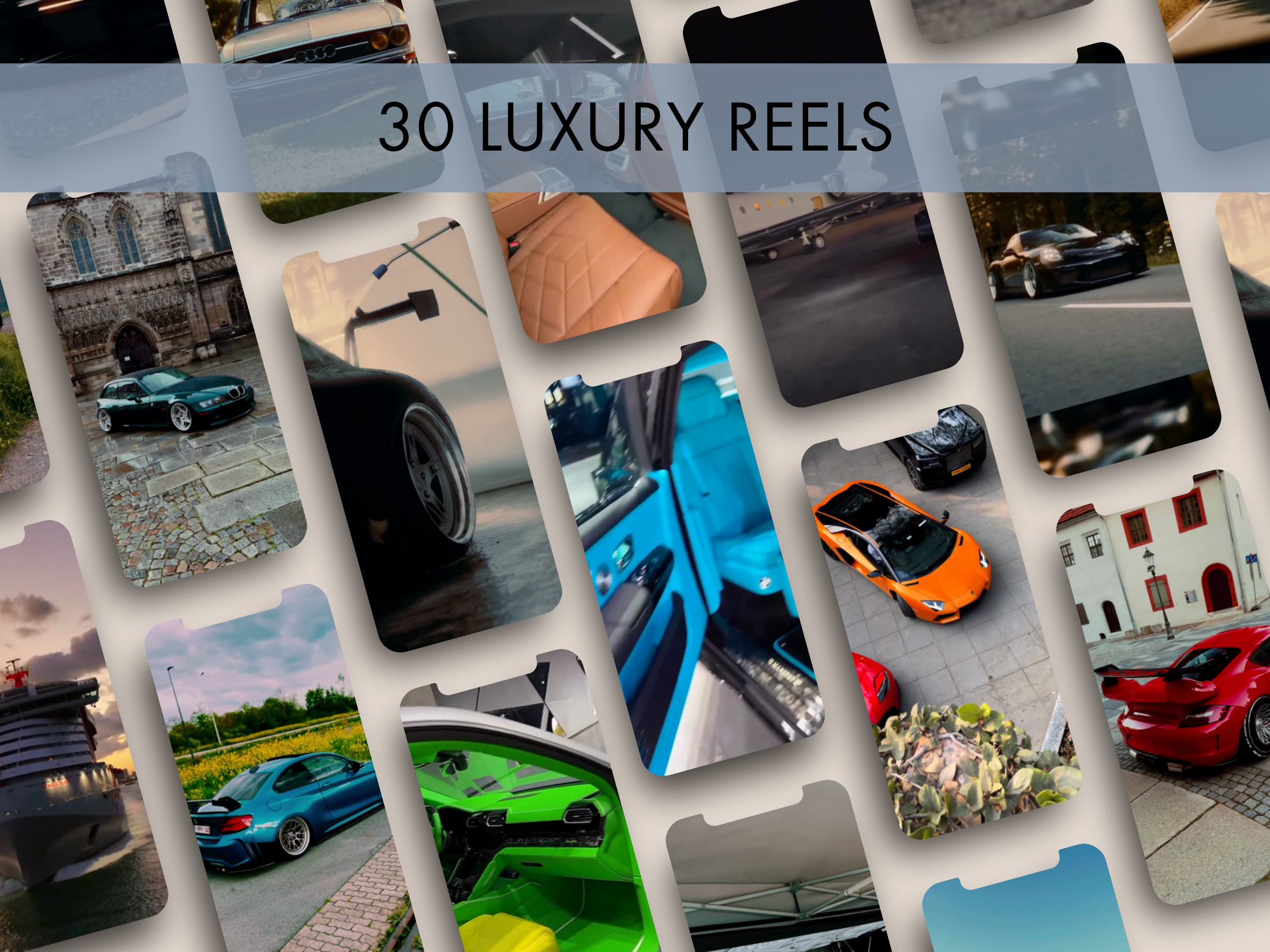 A preview showcasing 30 luxury-themed Instagram reels focused on cars, luxury lifestyle, and high-end aesthetics for The Gentleman's Instagram Vol. 1.