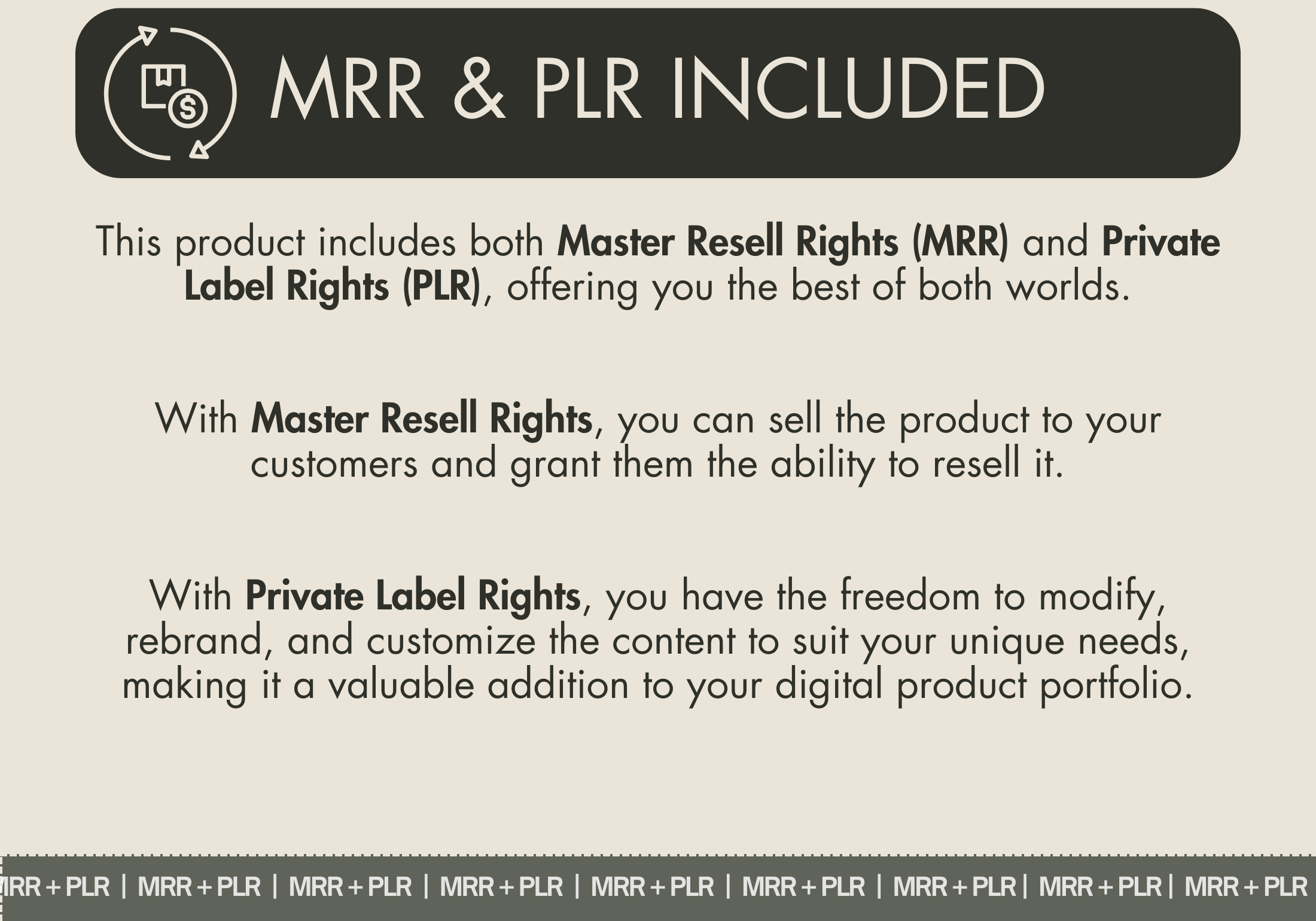 Graphic showcasing Master Resell Rights (MRR) and Private Label Rights (PLR) included with the Pinterest pins collection, emphasizing customization and resale options.