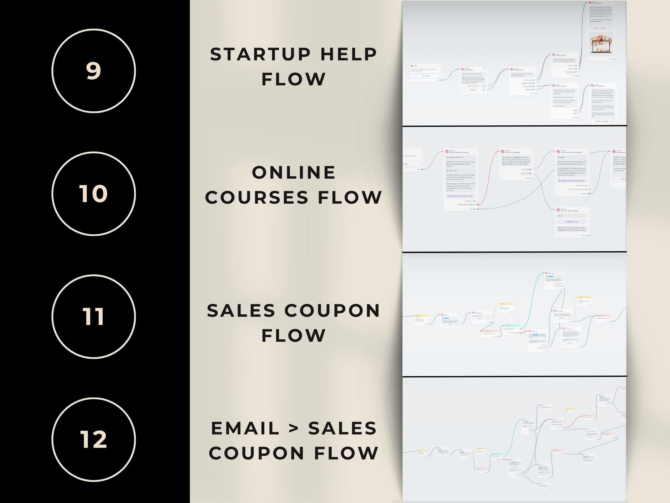 Visual representation of Flow 9-12 of 12 ManyChat Automation flows including email list building, Instagram Stories sales, webinar leads, and more.