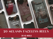 Collection of 20 melanin-themed faceless Instagram reels showcasing business tips and webinar promotions.