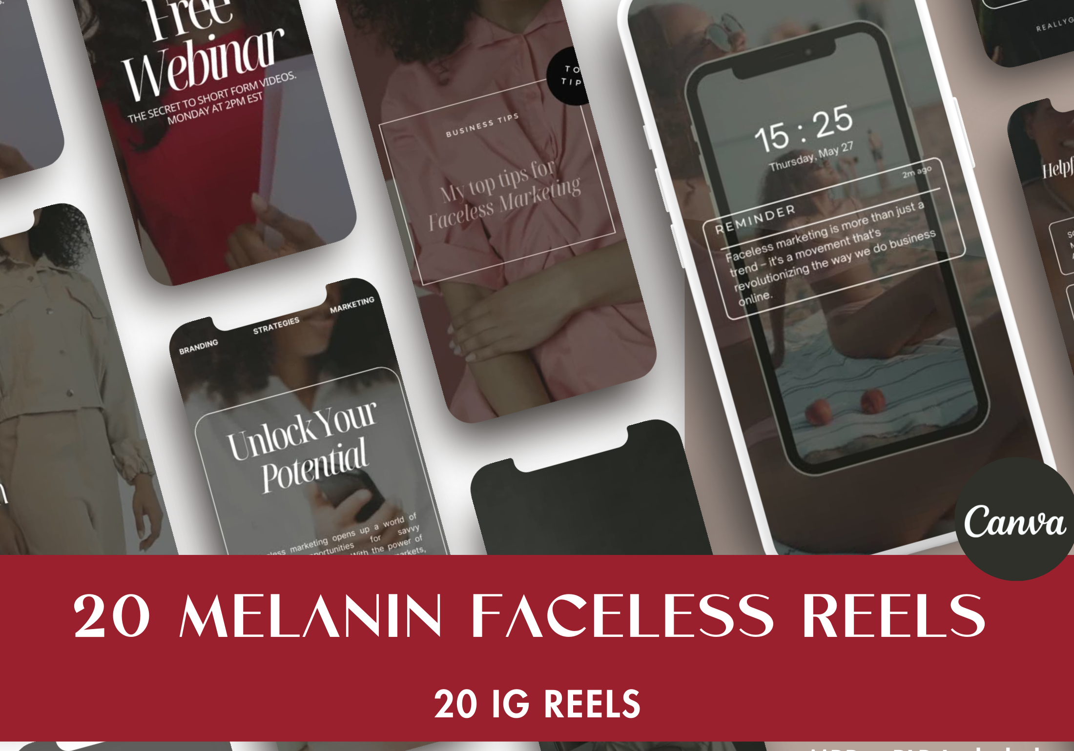 Collection of 20 melanin-themed faceless Instagram reels showcasing business tips and webinar promotions.