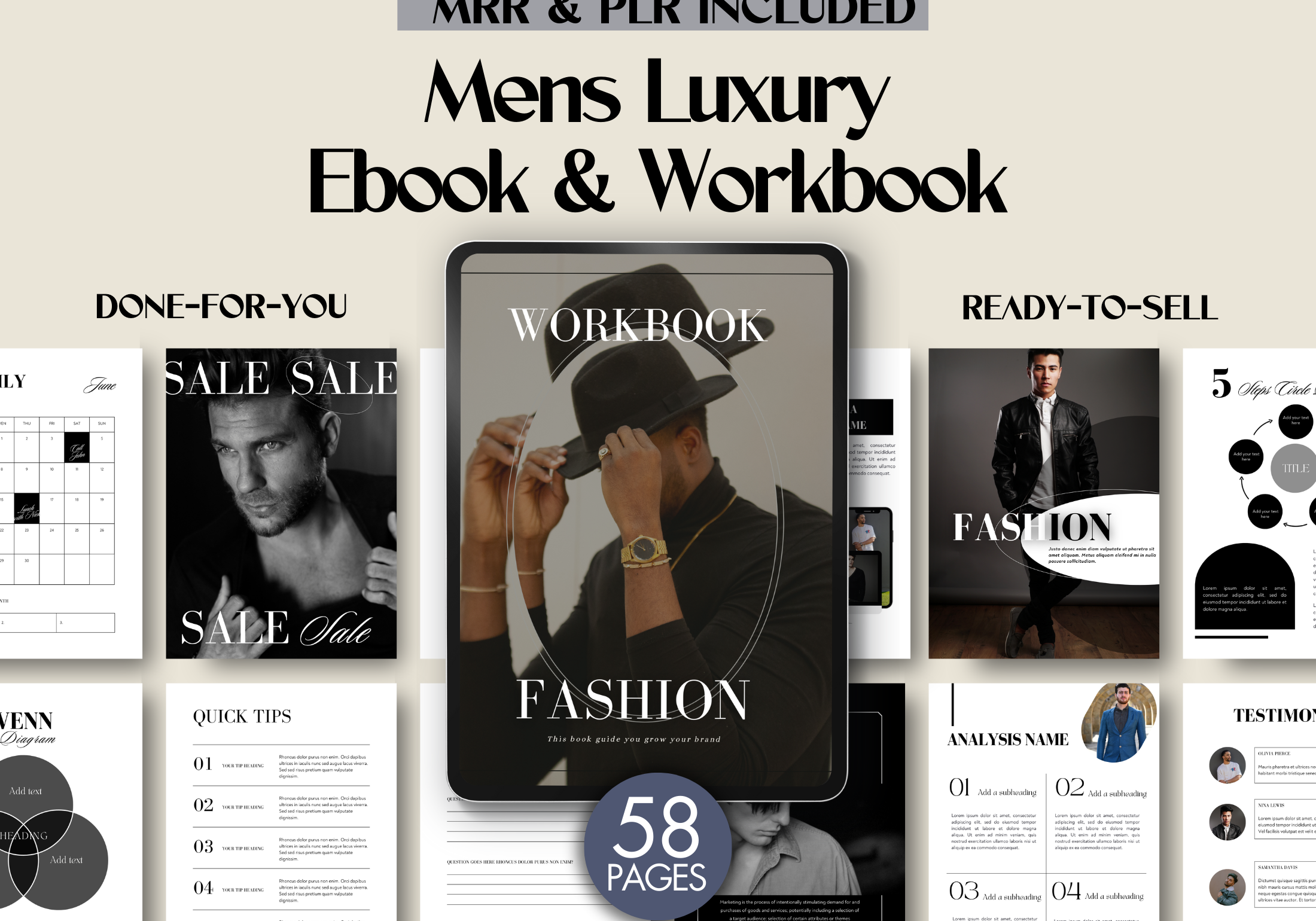 Cover image for the Mens Luxury Design eBook & Workbook, highlighting the stylish and elegant design for fashion-focused content creators.